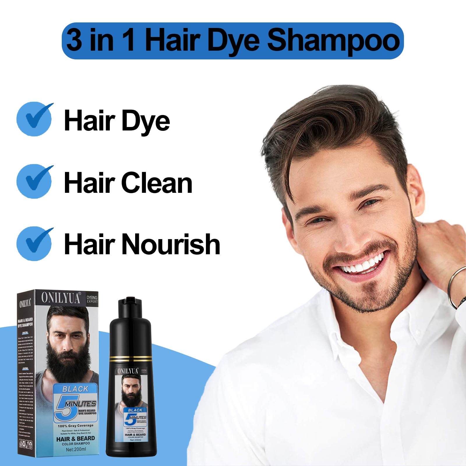 White Smoke Men's Black Beard Dye, Black Hair Dye for Gray Hair Coverage, 3 in 1 Hair Dye Shampoo, Mustache & Beard Dye for Men, Quick & Easy to Use at Home, Long Lasting Beard Color for Men 200ML