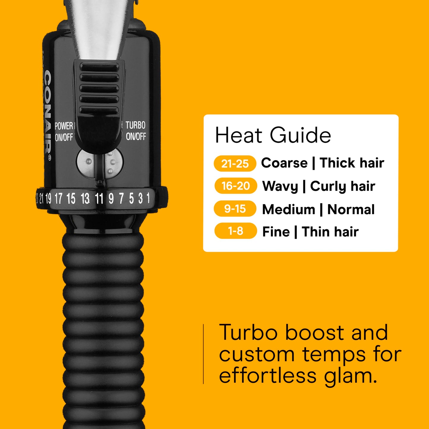 Orange Conair Instant Heat 1.25-Inch Curling Iron for Medium & Long Hair, Long Barrel Curling Iron with 25 Heat Settings, Fast Heat-Up, Dual Voltage Hair Curler for Loose Curls & Beach Waves, Easy Clamp