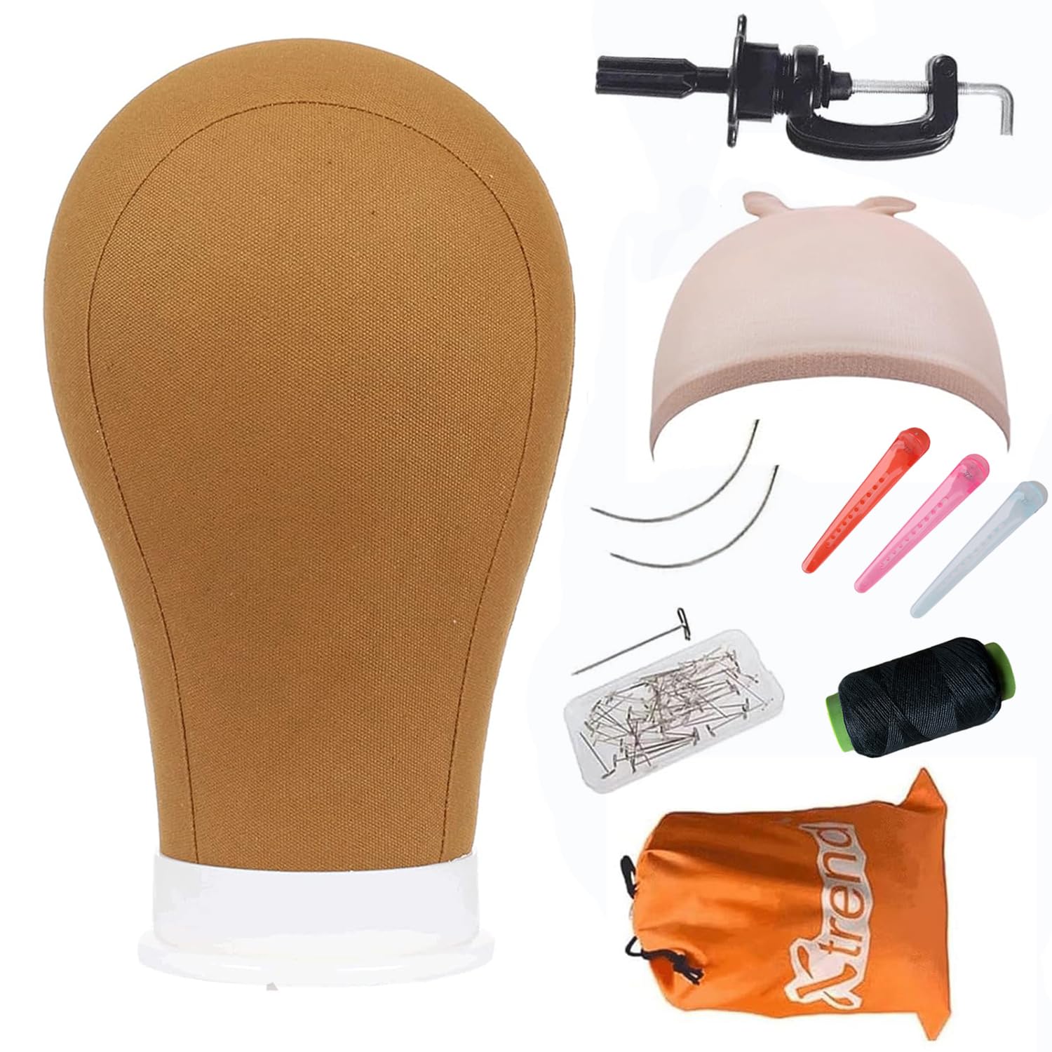 White Smoke XTREND 21"-24'' Poly Canvas Block Head for Making Head Weft/Wig/Hair Extension Making Display Styling Mannequin Head with Stand Set Manikin Canvas Head Hair Accessories