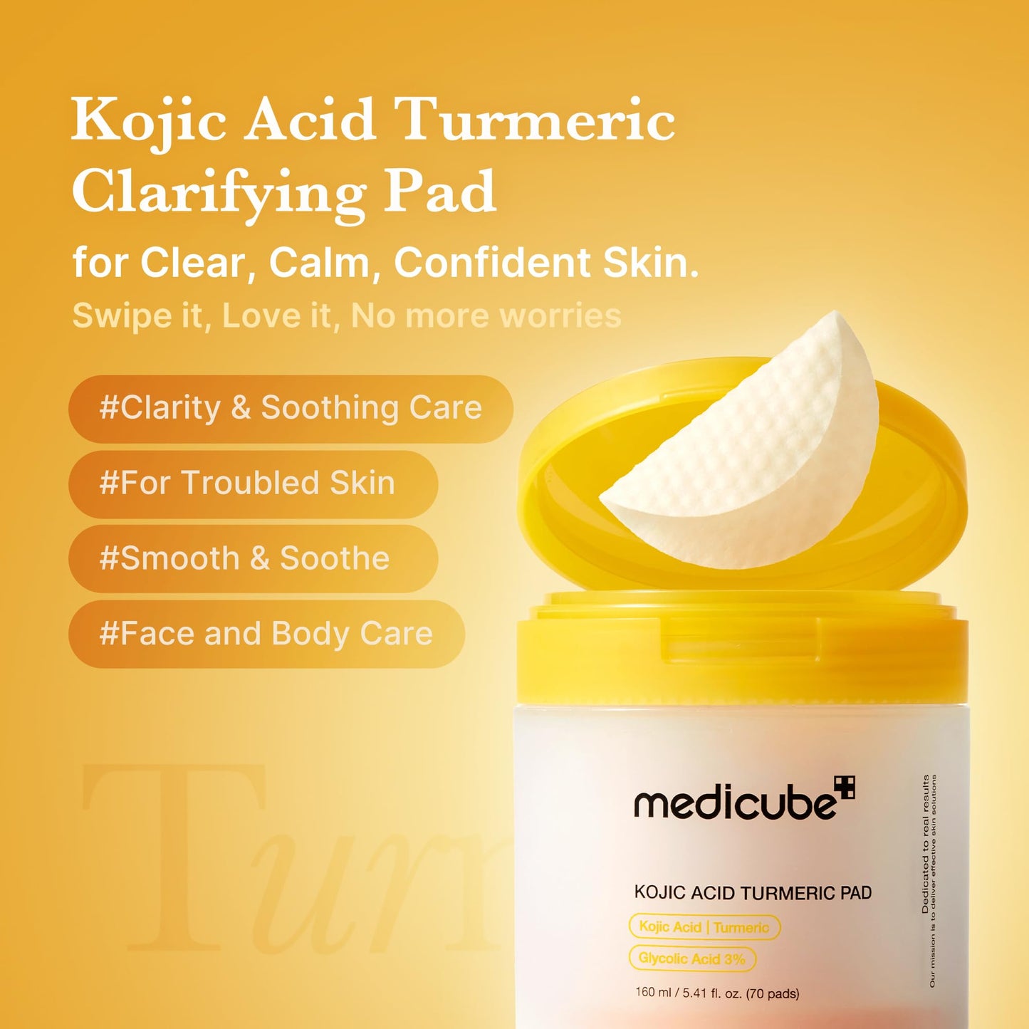 Sandy Brown medicube Toner Pads Kojic Acid Turmeric Clarifying Toner Pad for Troubled Skin & Use After Spot Care, Soothing with Kojic Acid, Turmeric, Niacinamide, Glycolic Acid, Korean Skin Care, 70 Pads (1 Pack)