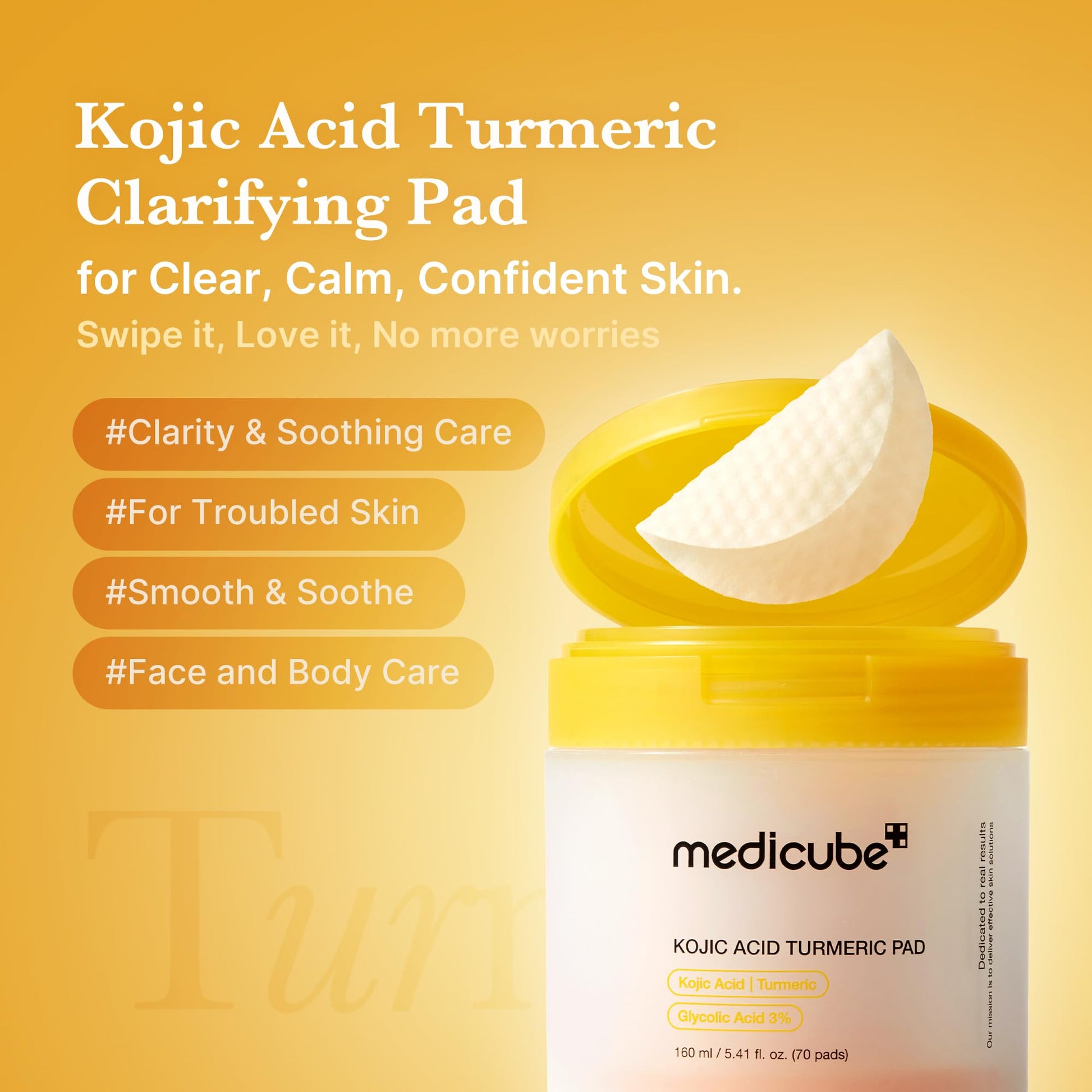 Sandy Brown medicube Toner Pads Kojic Acid Turmeric Clarifying Toner Pad for Troubled Skin & Use After Spot Care, Soothing with Kojic Acid, Turmeric, Niacinamide, Glycolic Acid, Korean Skin Care, 70 Pads (1 Pack)
