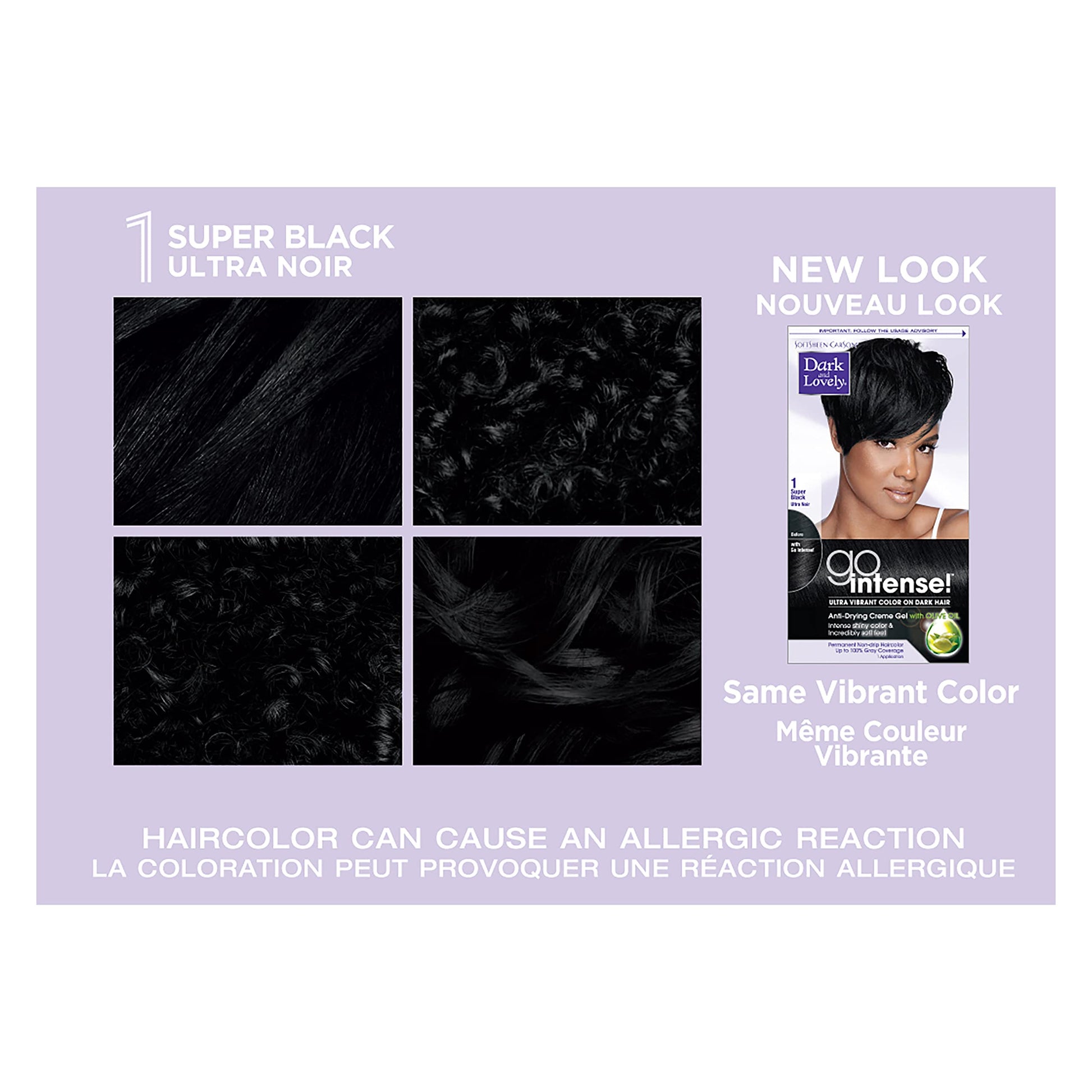 Black SoftSheen-Carson Dark and Lovely Ultra Vibrant Permanent Hair Color Go Intense Hair Dye with Olive Oil for Shine and Softness, Super Black