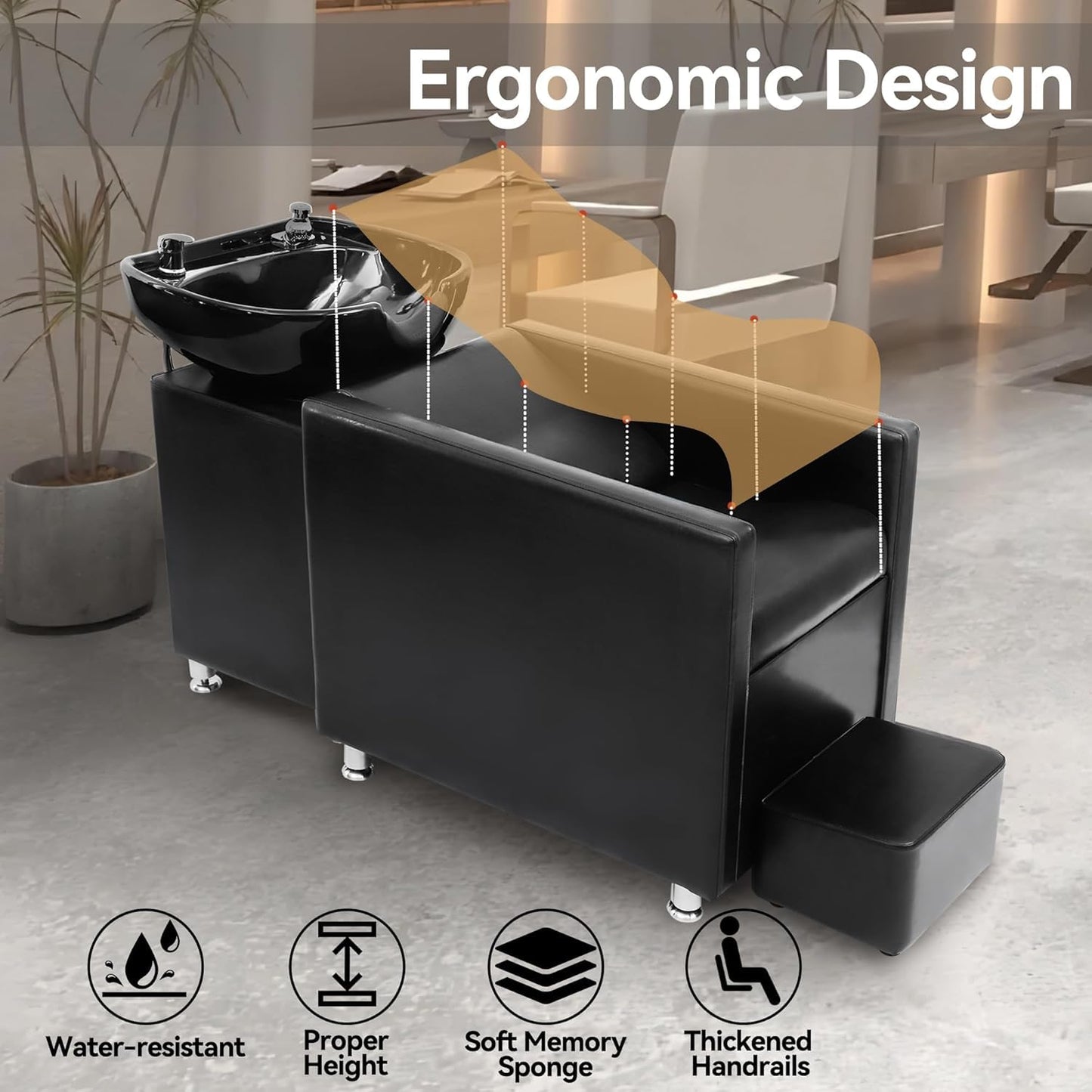 Dark Slate Gray Shampoo Stations for Salon, Backwash Chair with Ceramic Bowl, Backwash Shampoo Unit with Foot Pedal, Sink Chair Station, Hair Washing Station for Barbershop (Black)
