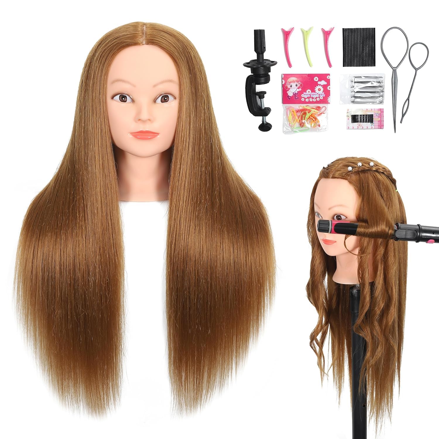 White Smoke ZOMOI Mannequin Head with 80% Real Human Hair 26''-28"Cosmetology Mannequin Doll Head to Practice Hair Styles Hairdresser Practice Braiding Head(27# Light Brown)