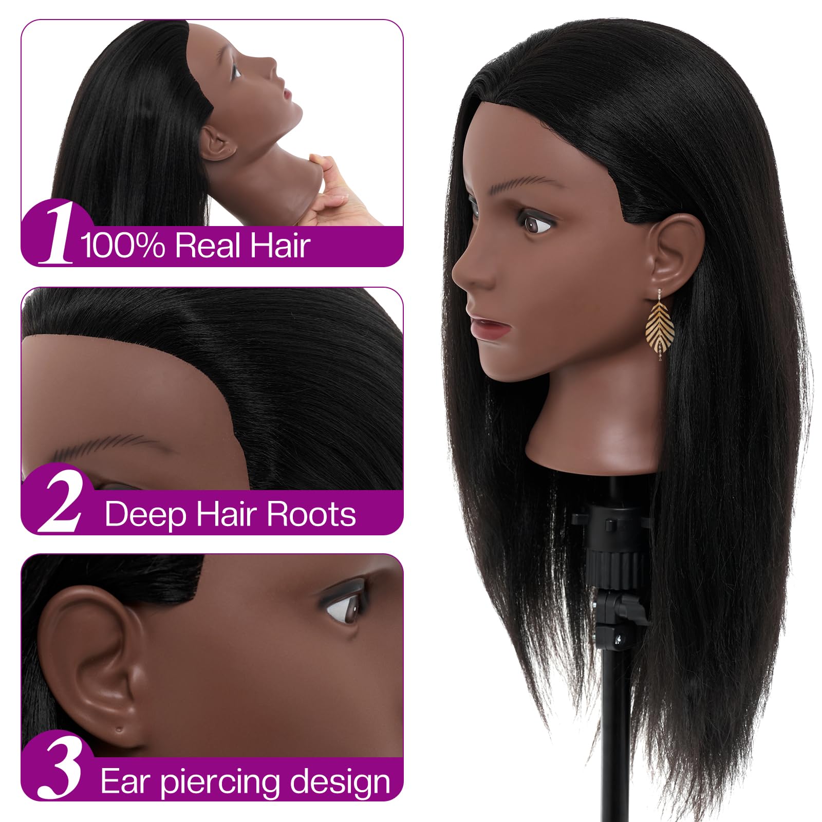 White Smoke 20-22" Mannequin Head,100% Real Human Hair Mannequin Head, Braiding Cosmetology Manikin Doll Head for Hair Styling Training with Table Clamp,Braiding Set(Light brown) Hair Extensions