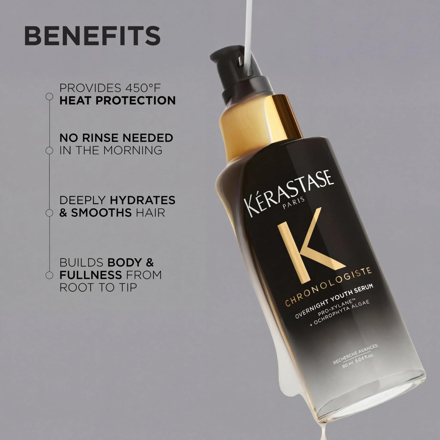 Dark Gray KÉRASTASE Chronologiste Overnight Youth Serum, Anti-Aging Night Serum, Infused with Hyaluronic Acid & Abyssine, Hydrates, Plumps & Restores Shine, 90ml