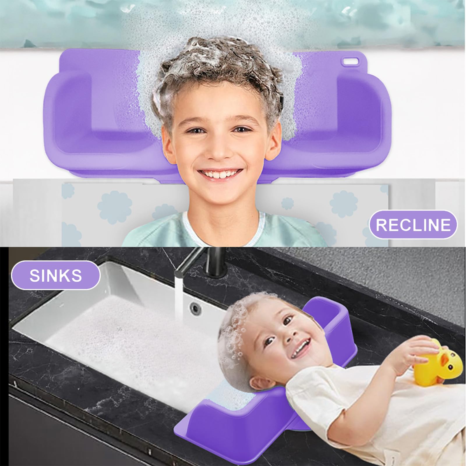 White Smoke Vurlexat Portable Hair Washing Station for Kids, Silicone Hair Wash Basin with Suction Rinse Cup, Tear-Free Shampoo Bowl with Absorbent Towel and Shampoo Massage Brush for Sink or Bathtub(Purple)