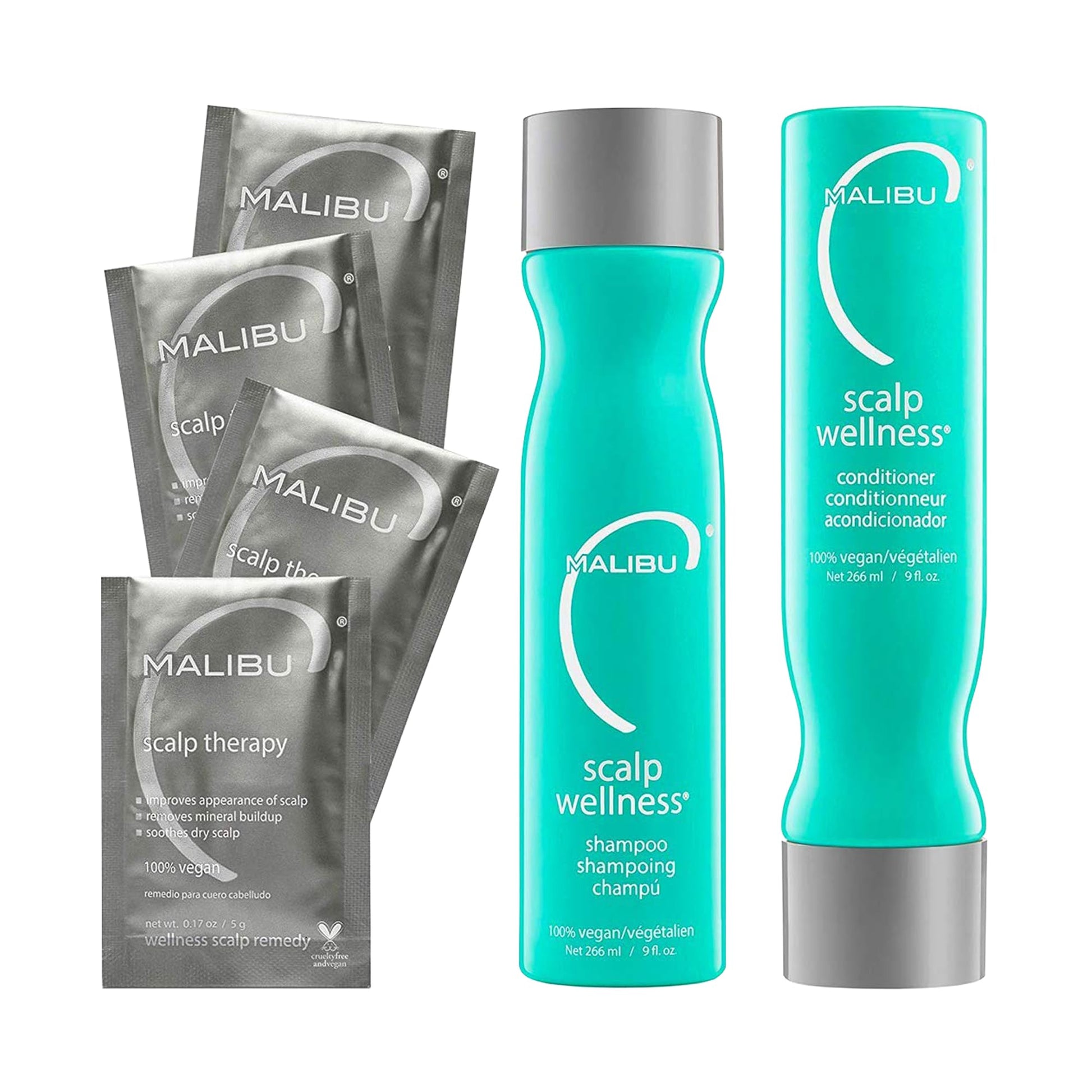 White Smoke Malibu C Scalp Wellness Collection - Soothing Shampoo and Conditioner Hair Care Set for Dry Scalp - Formulated with Vitamin C Antioxidant Complex - Travel Size Scalp Remedy Packets Included (33.8 oz)
