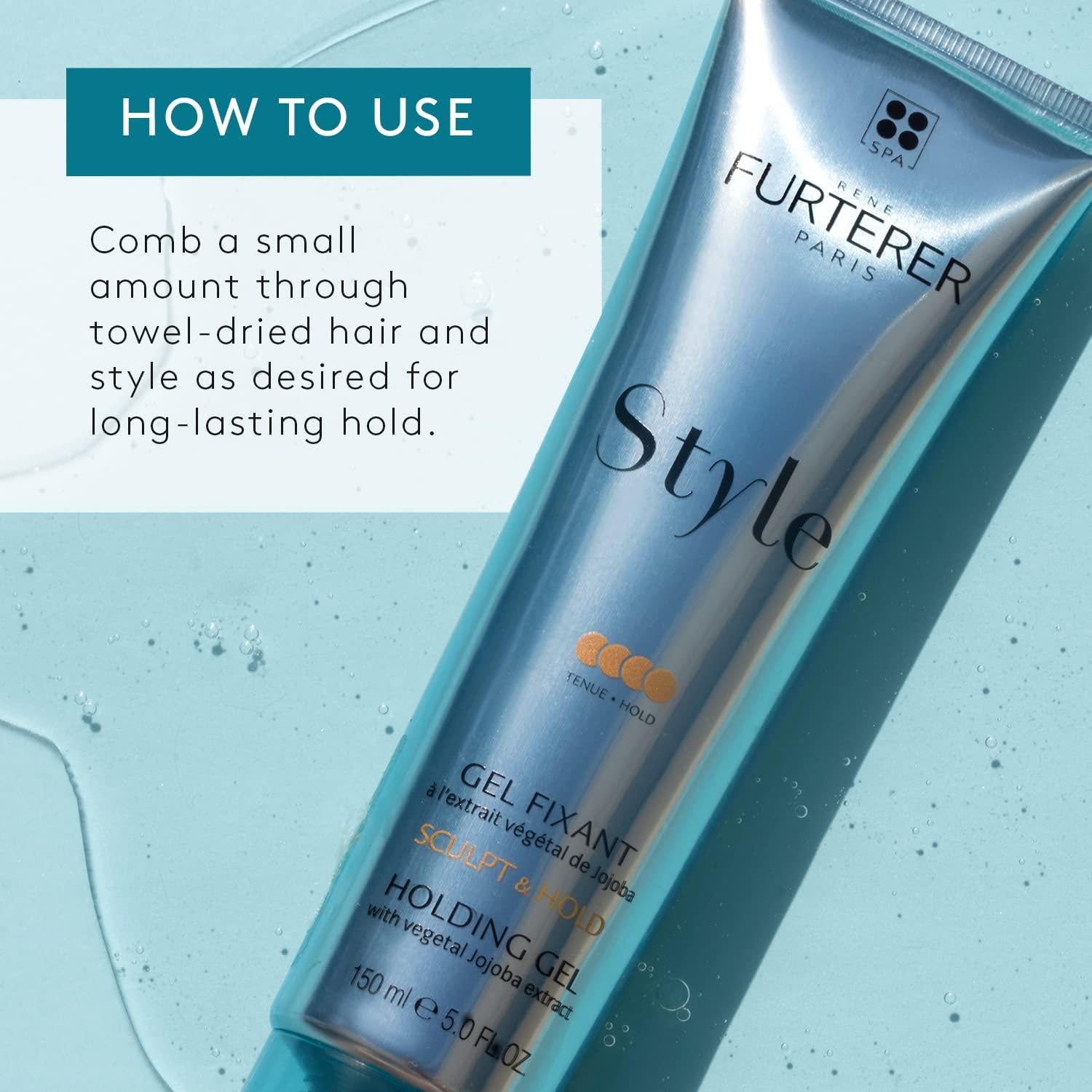 Light Blue Rene Furterer STYLE Holding Gel - Sculpts & Styles with Strong Hold - With Moisturizing Jojoba Extract - For All Hair Types - Vegan & Silicone-Free - 5.0 fl. oz.