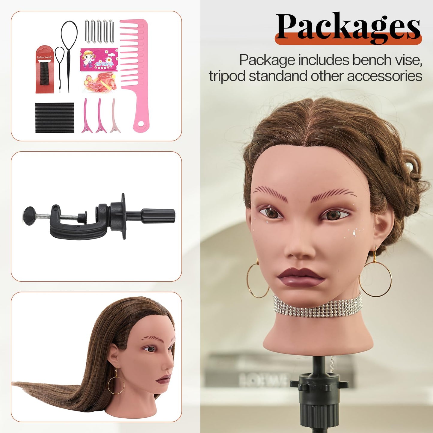 White Smoke 20" Mannequin Head Human Hair,100% Real Hair Mannequin Head,Cosmetology Human Hair Mannequin Doll Head for Hair Styling,Practice Braiding Styling Head with Table Clamp Suitable for Hair Extensions