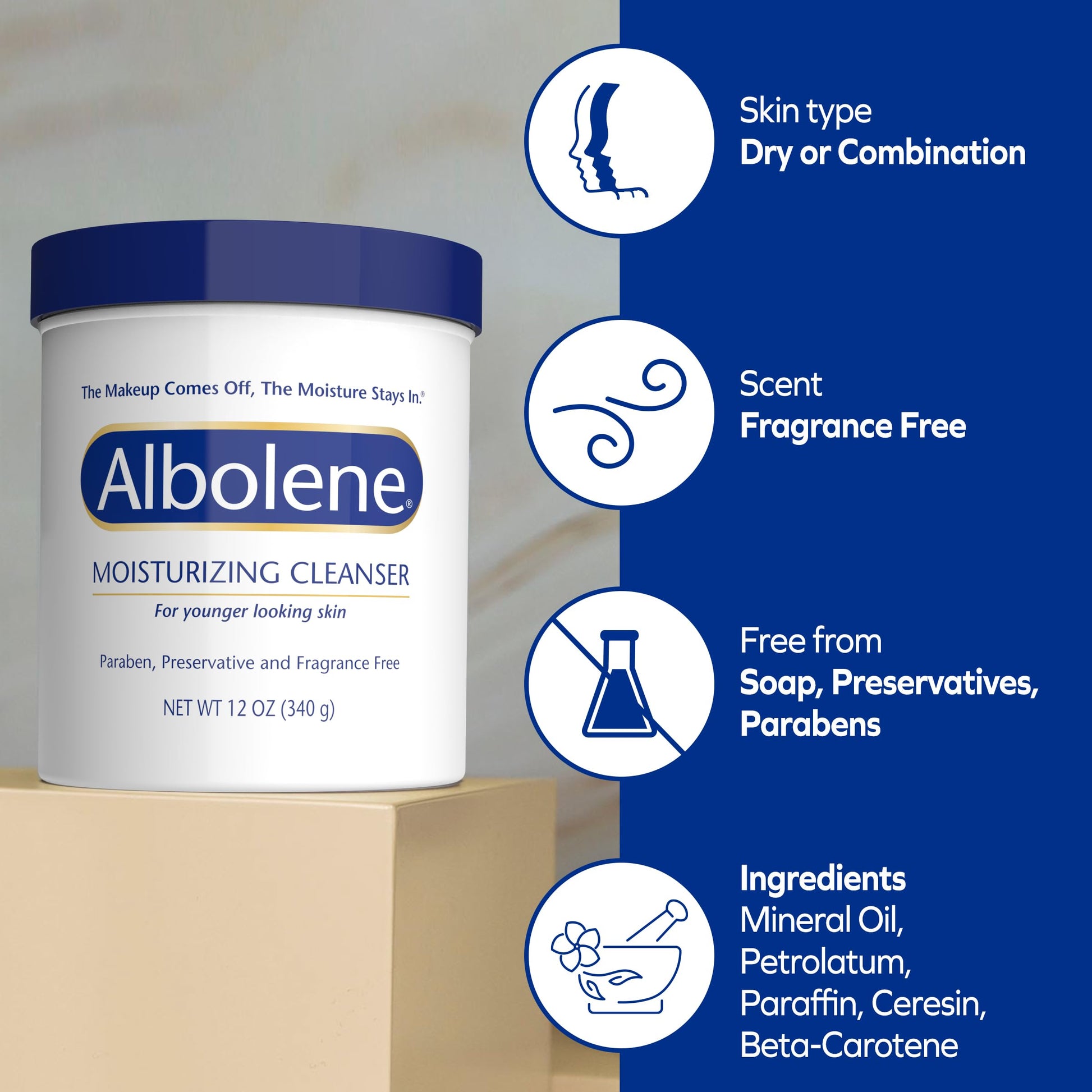 Midnight Blue Albolene Moisturizing Cleanser & Makeup Remover Balm - Fragrance-Free Facial Cream for Cleansing & Hydration - Multi-Use Skincare for All Skin Types - No Harsh Chemicals - 12 oz (Pack of 1)