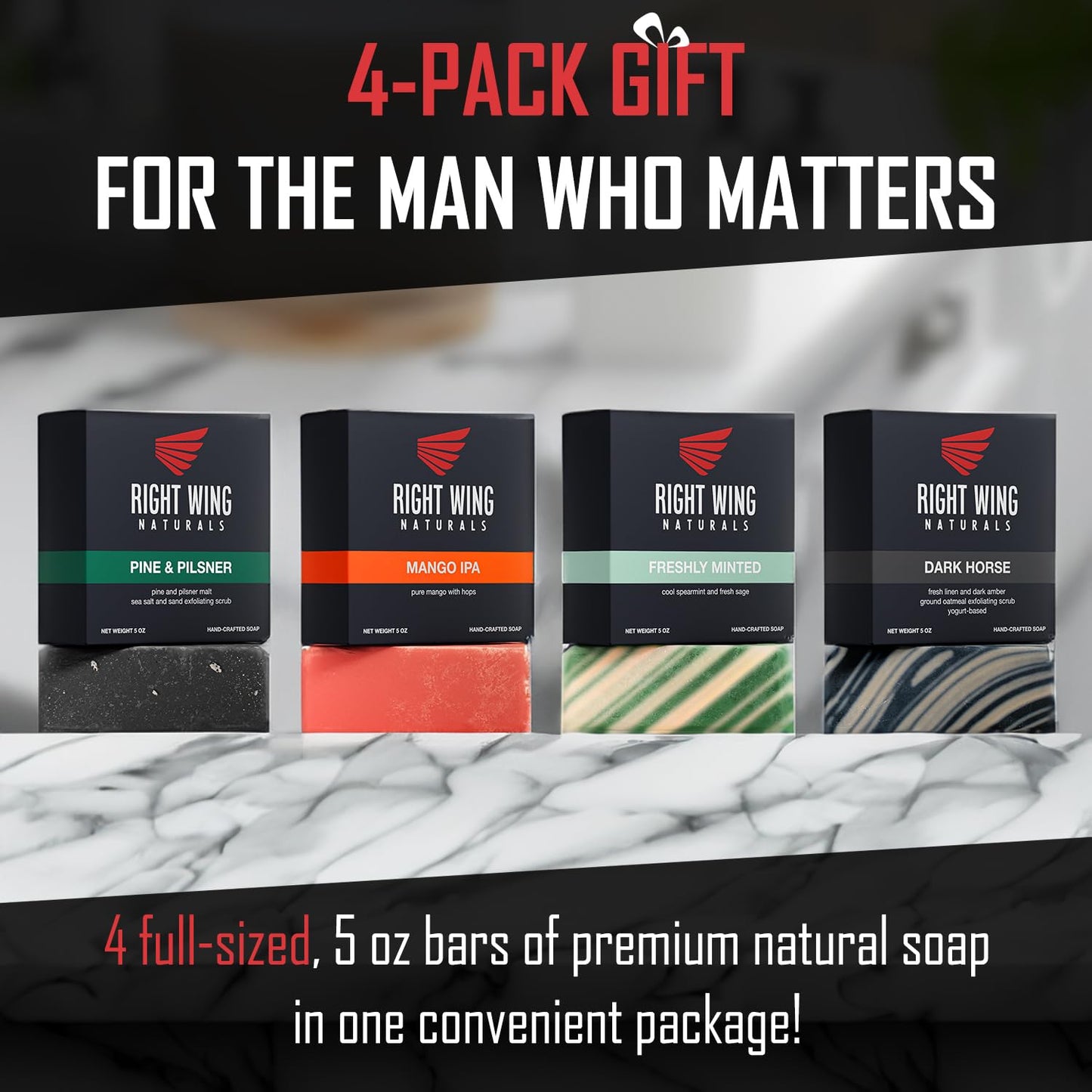 Black Right Wing Naturals Bar Soap Gift Set for Men | Handcrafted Cold-Pressed | Handmade Organic Soap for Men | Most Popular Flavors | Natural Scented Men’s Bar Soap| Pack of 4 Bars