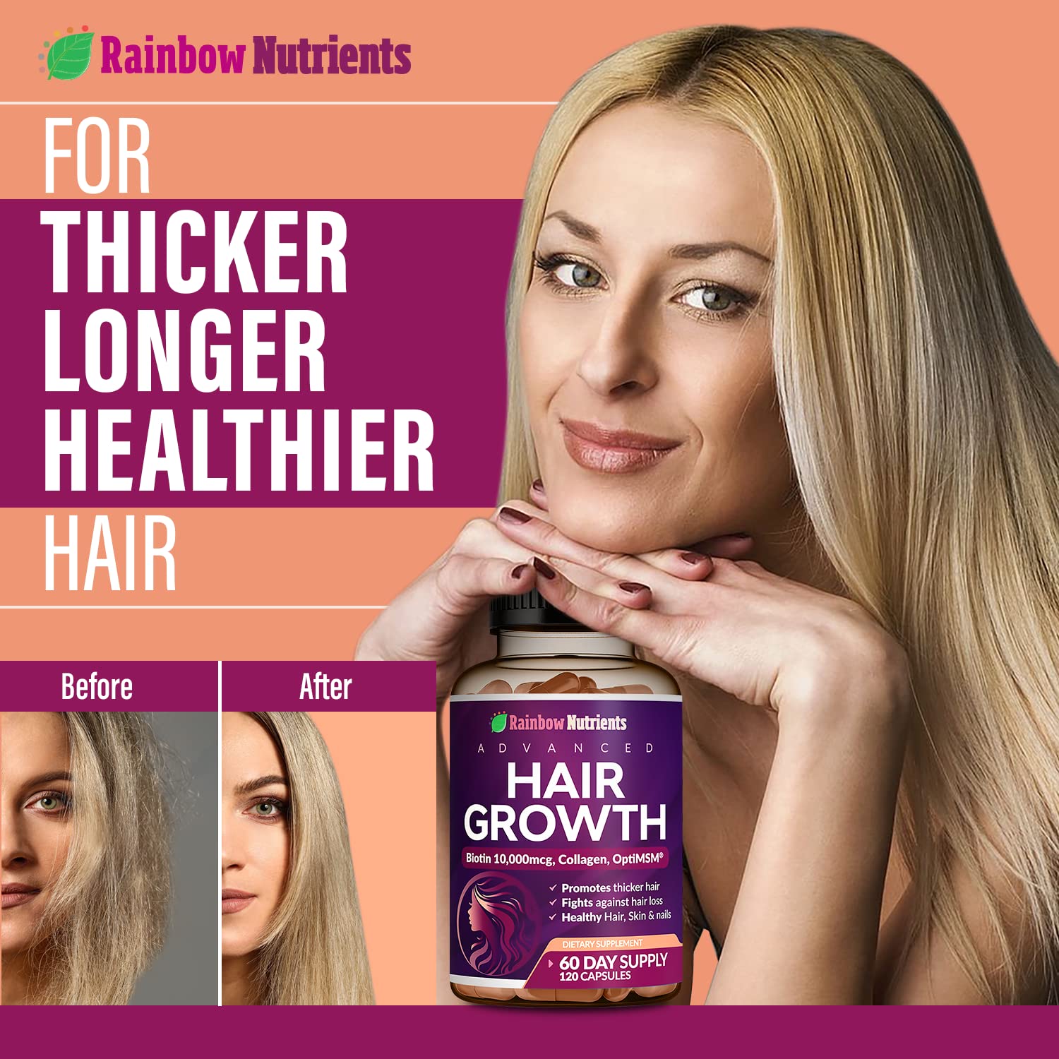 Dark Salmon Hair Growth Vitamins for Women | Biotin 10,000mcg, Collagen, Patented OptiMSM®, goMCT®, Saw Palmetto | Naturally Regrow Stronger & Healthier Hair, Skin and Nails | Stops Hair Loss | 60 Day Supply