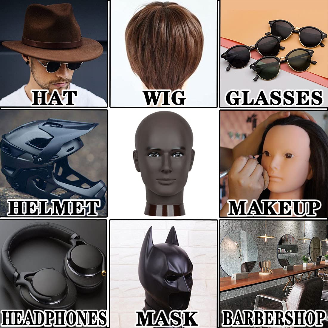 White Smoke Newshair Bald Mannequin Head Male Wig Head Professional Cosmetology for Wig Making and Display Hat Helmet Glasses or Masks Display Head Model with Free Clamp Stand (Black)
