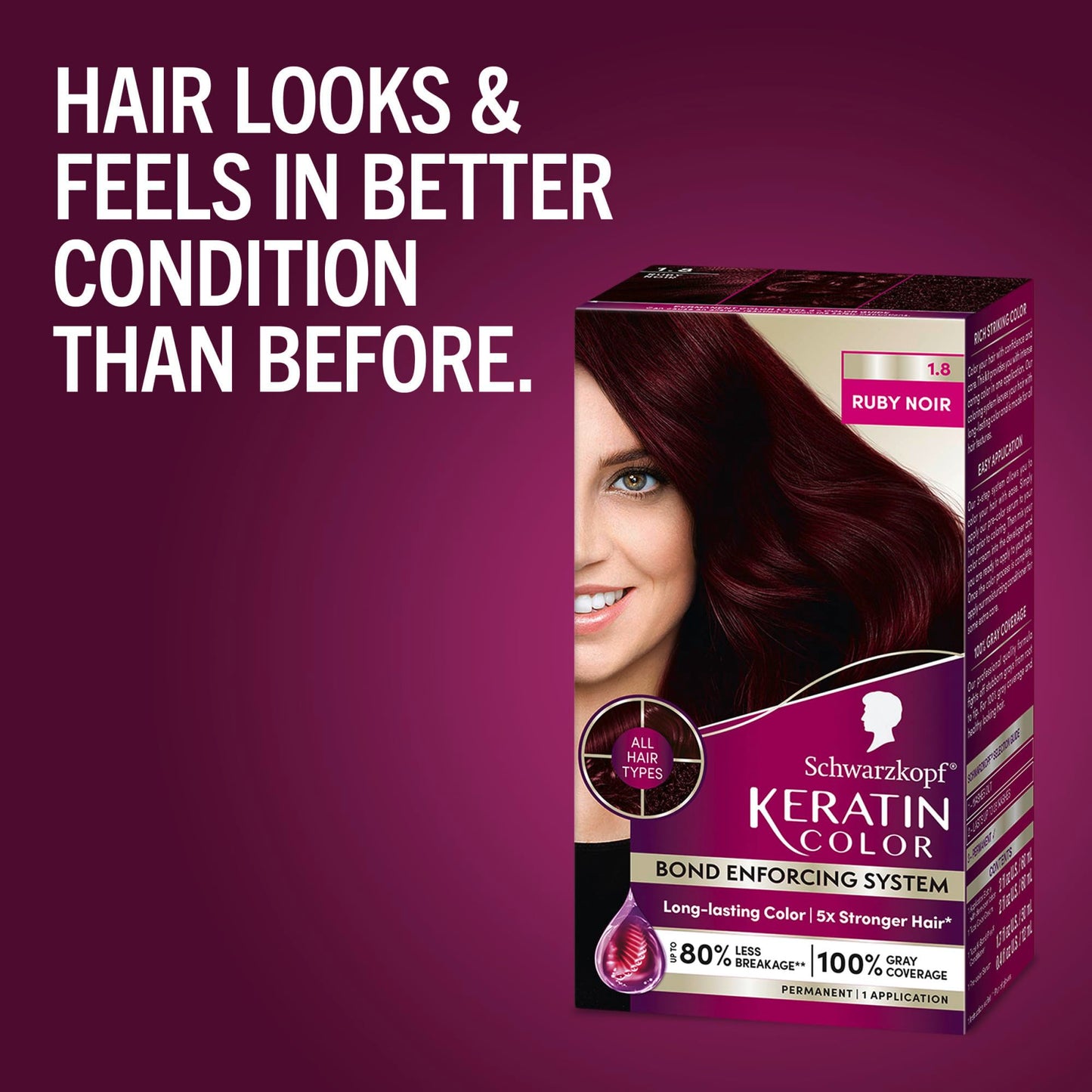 Dark Red Schwarzkopf Keratin Permanent Hair Dye Cream, 1.8 Ruby Noir, Professional Quality Color for Up to 100% Gray Coverage, Bond Enforcing System