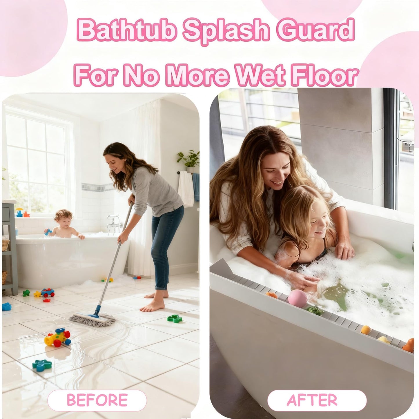White Smoke Longer Bath Tub Splash Guard for Kids,Silicone Bath Toy Holder for Bathtub,Prevent Water Spills in Bathroom,Fun-Filled Bath Time for Toddlers Including Bath Brush and Toy Storage Bag (Grey)