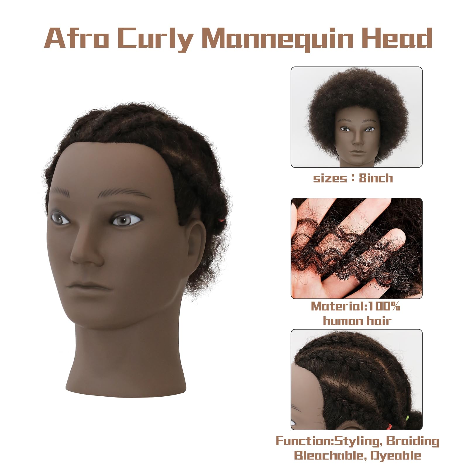 White Smoke WDQXCQA Afro Male Mannequin Head 8-inch mannequin head with 100% human hair that can be bleached or dyed to suit hair styling practice cutting practice styling practice and braiding practice