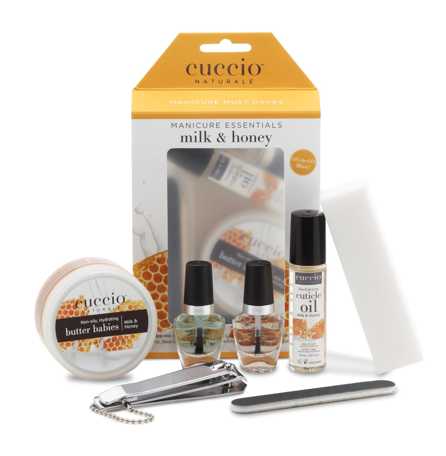 White Smoke Cuccio Naturale Manicure Essentials Starter Set, Milk & Honey, 8-Piece At-Home Manicure Kit with Body Butter 1.5 oz, Cuticle Oil Roll-On 10 mL, Base & Top Coat, Nail Tools