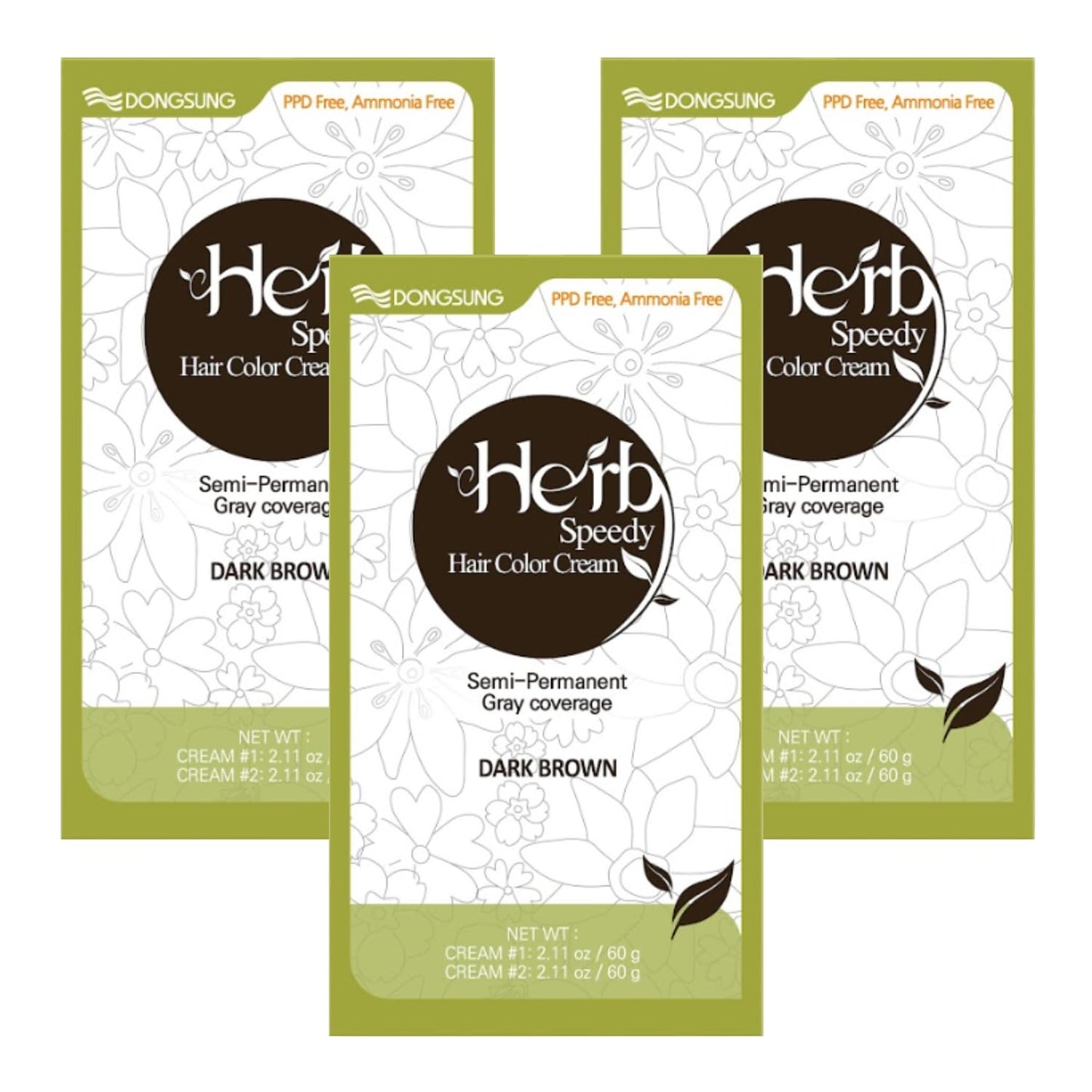 White Smoke Dongsung Herb Speedy Color Cream (Dark Brown, 3 Pack), PPD-Free Ammonia-Free, Gifts for Mom, Vegan Gray Coverage Hair Dye, Sun Protection, Odorless, Gentle for Sensitive Scalp, No Eye Scalp Irritation