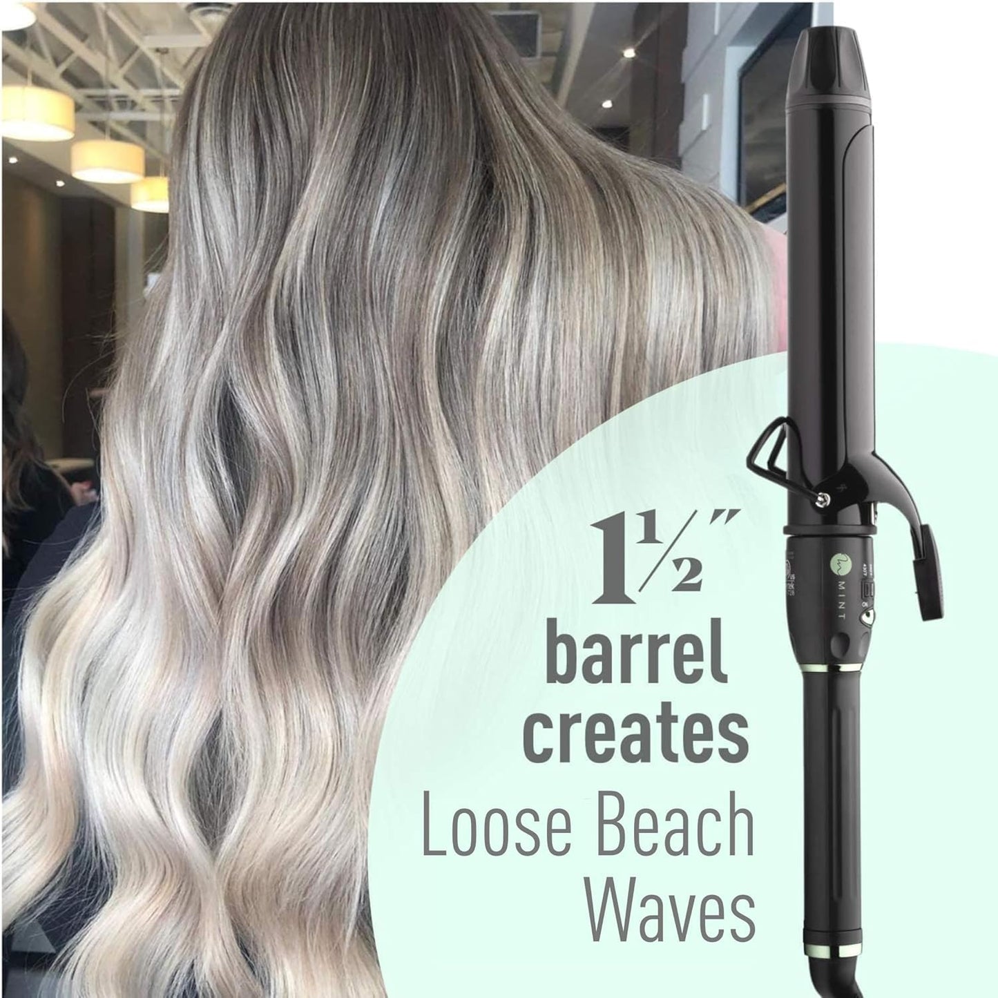 Alice Blue MINT Professional Extra Long Hair Curling Iron 1 1/2 inch | 2-Heater Ceramic Barrel that Stays Hot | 1.5 Inch Hair Iron Curler for Beach Waves | Travel-Ready International Dual Voltage