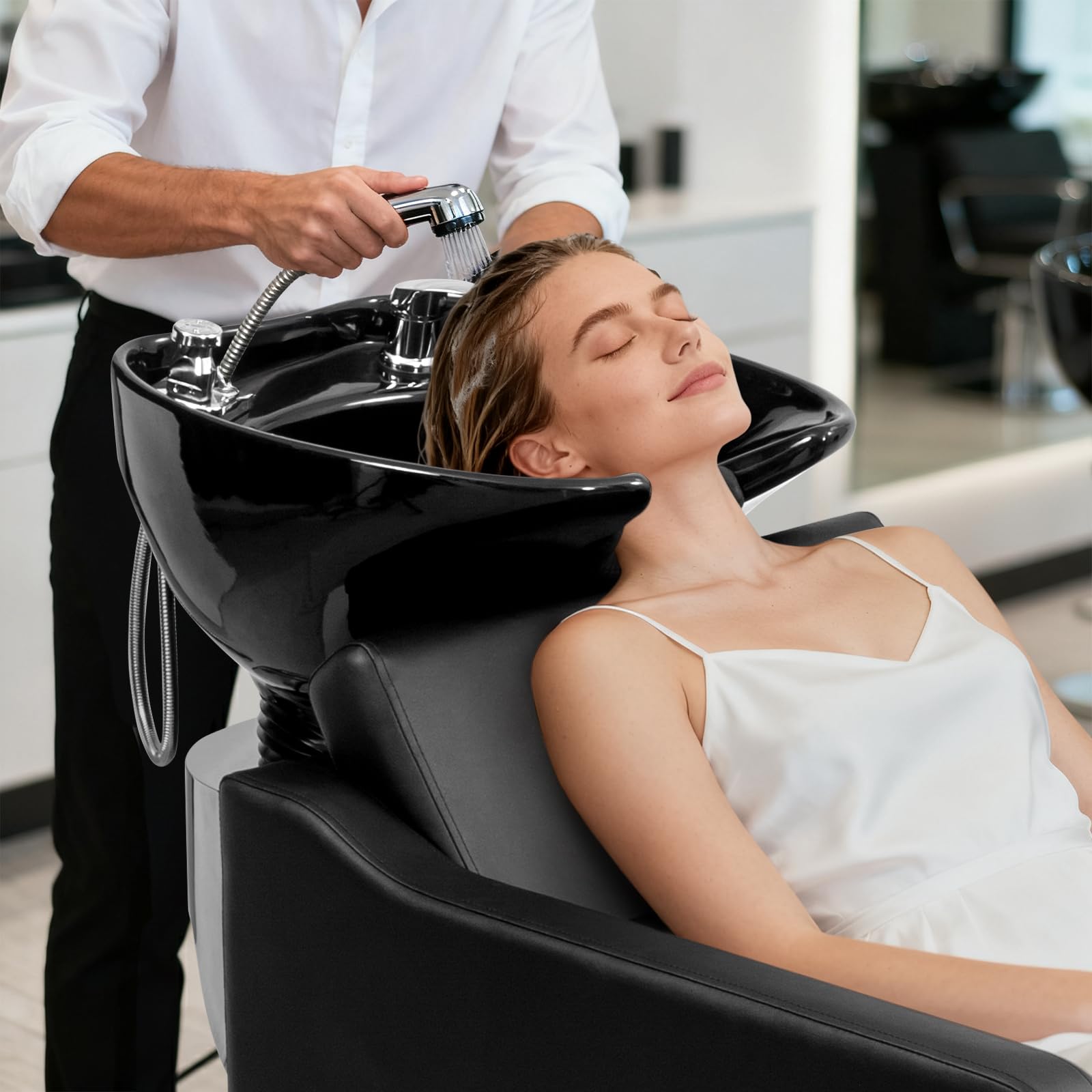 Black Winado Shampoo Backwash Barber Chair with Ceramic Hair Wash Bowl Sink, Adjustable Leg Baffle, Reclining Shampoo Station Chair for Barbershop Beauty Spa Massage Hairdressing Equipment, Black