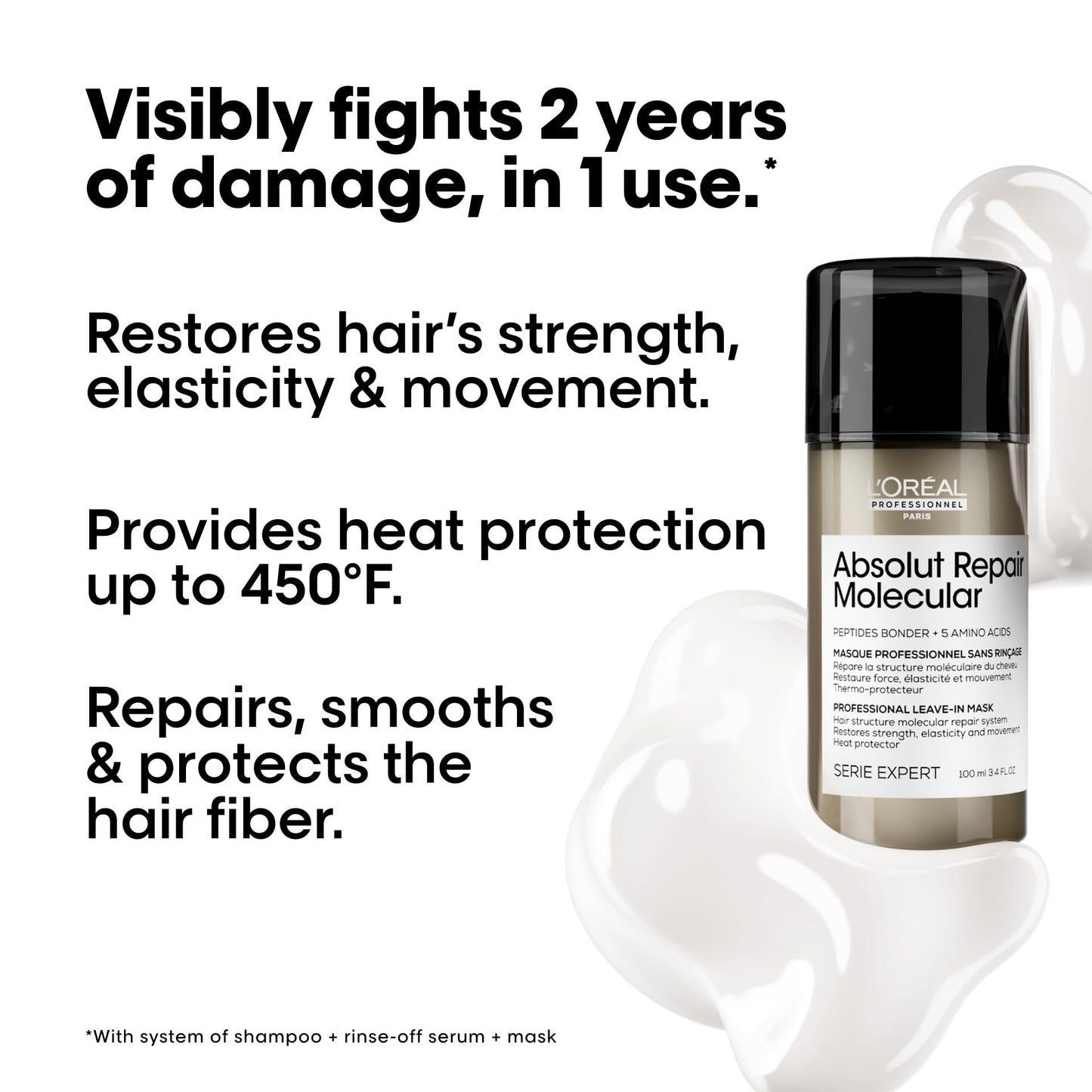 White Smoke L'Oréal Professionnel Paris Absolut Repair Molecular Leave In Mask - Smooths and Strengthens Hair For All Damaged Hair Types, Provides Heat Protection