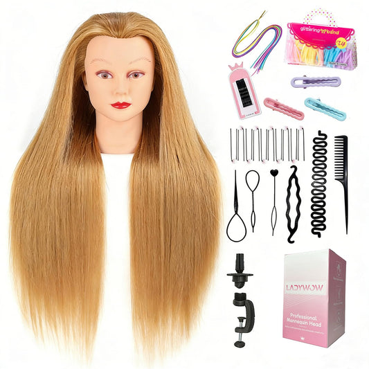 White Smoke Mannequin Head with 80% Human Hair Face Mannequin Head for Hair styling Practice - Curling, Braiding, Cutting Multiple Hair Colors with Table Clamp Stand for Kids and Professionals 28inch