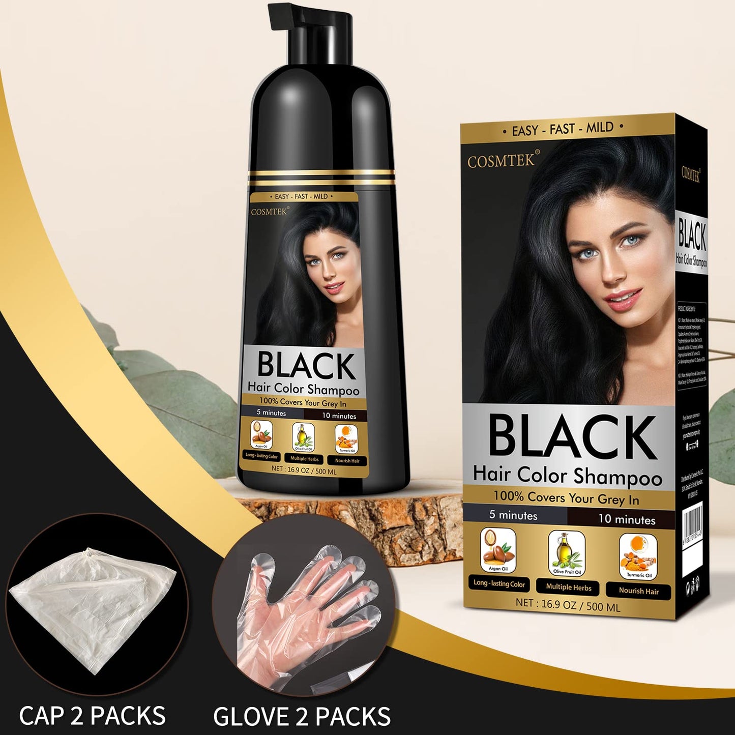 Antique White COSMTEK Black Dye Shampoo for Permanent Hair Color - Men&Women, Gray Coverage, Beard & Treated Hair, 3-In-1, 30 Days/500ml/Ammonia-Free/Natural Herbal