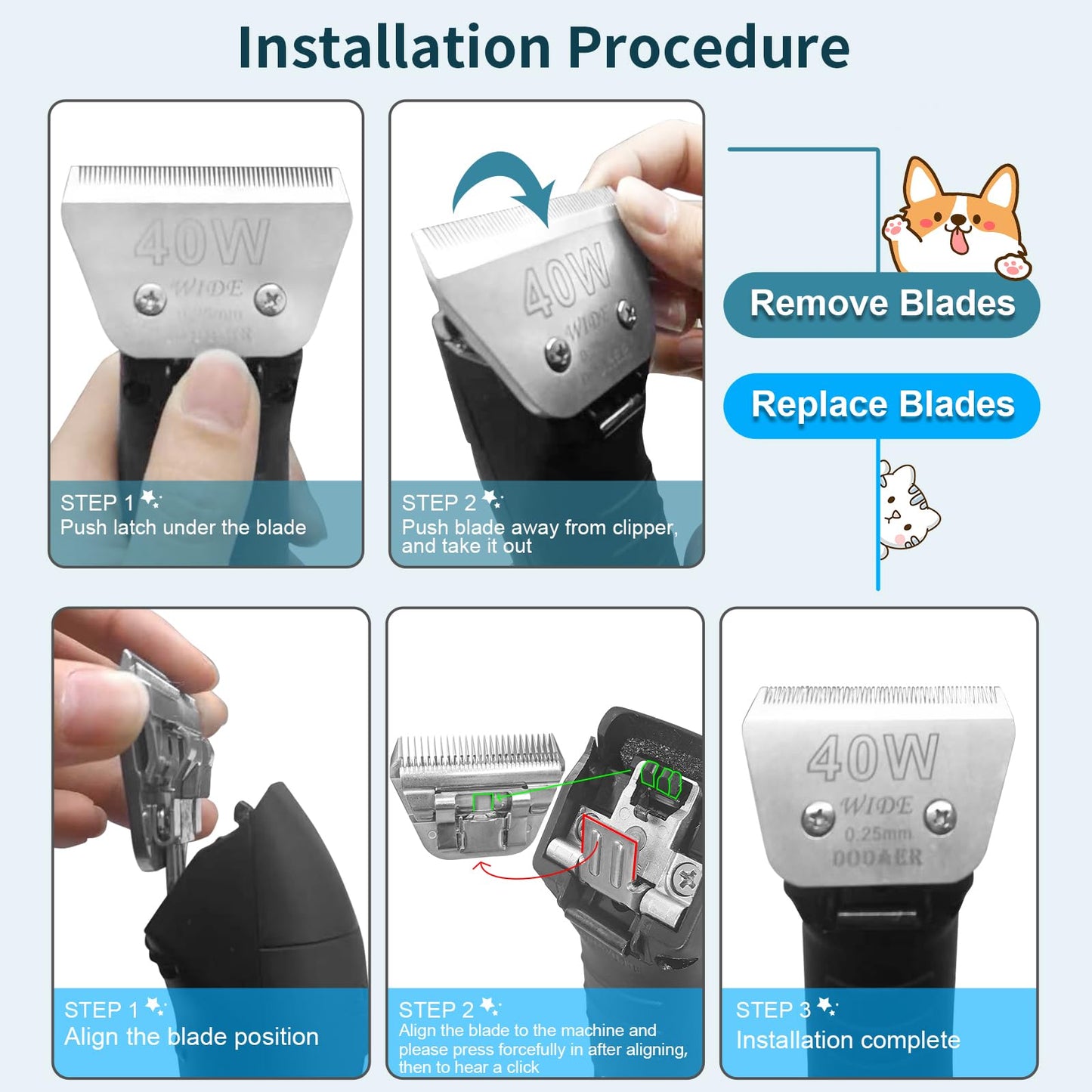 White Smoke Newbulu 30W Dog Grooming Wide Blade,Detachable Pet Dog Grooming Blades,Compatible with Andis,Oster A5,Wahl km10 Clippers.Cutting Length 1/50"(0.5mm)