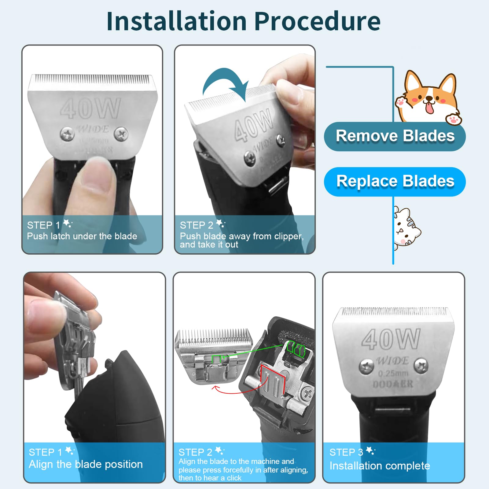 White Smoke Newbulu 30W Dog Grooming Wide Blade,Detachable Pet Dog Grooming Blades,Compatible with Andis,Oster A5,Wahl km10 Clippers.Cutting Length 1/50"(0.5mm)