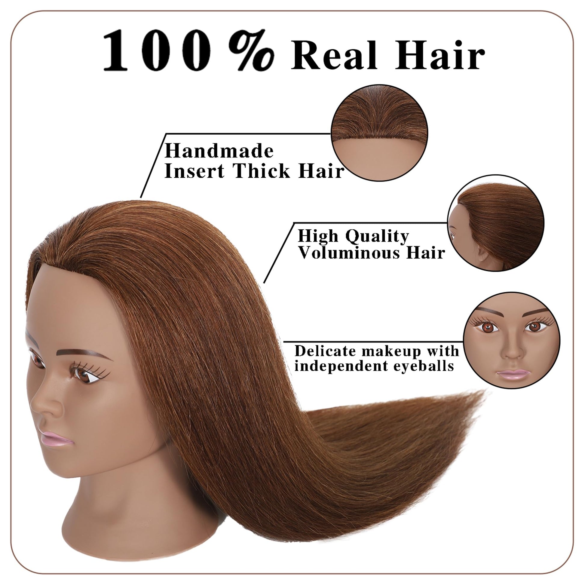White Smoke TKIMHEQ Mannequin Head with 100% Real Hair Straight Hair 18" Doll Head Brown Skin Practice Braiding Training Head Styling Cosmetology Manikin for Hairdresser (Brown#)