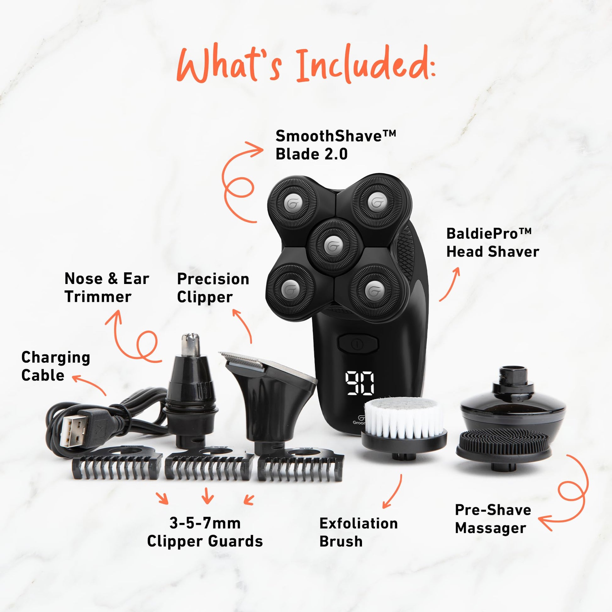 White Smoke Groomie Cordless Bald Head Shavers for Men, BaldiePro Head Grooming Kit - Ergonomic & Waterproof Head Shavers for Bald Men - Electric Hair Shaver & Head Razor - Men's Rotary Shaver for Smooth Shave