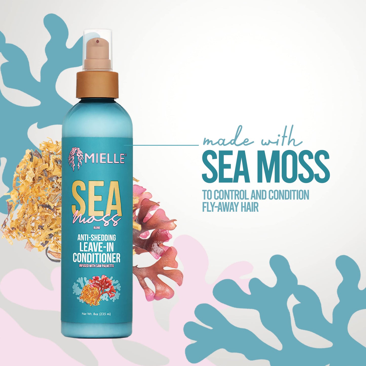 White Smoke Mielle Organics Sea Moss Anti-Shedding Leave In Conditioner for Curly Hair - Moisturizing Leave In Treatment Spray to Detangle, Style and Refresh Curls (8 Oz)