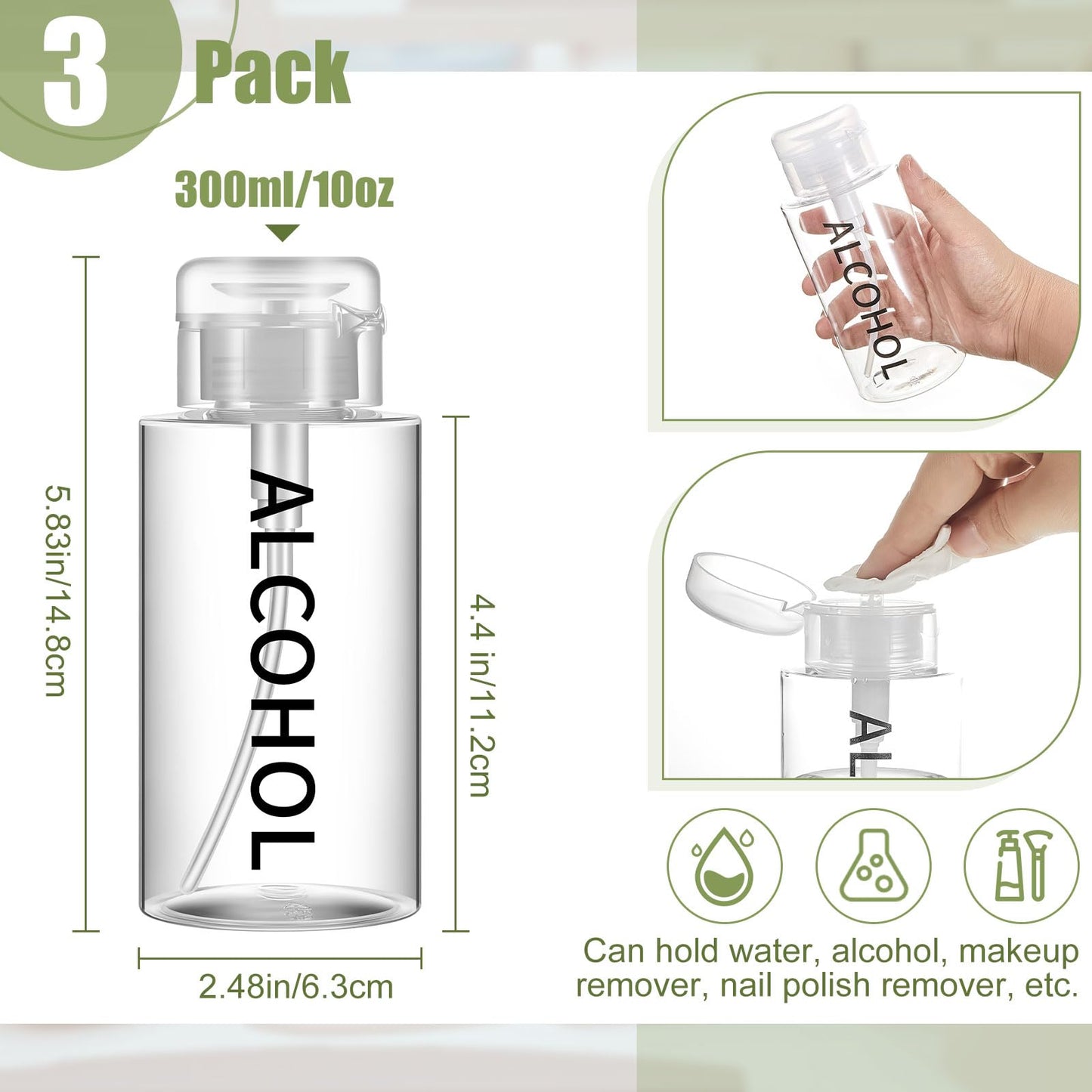 White Smoke Layhit 3 Pcs 10 oz Alcohol Pump Dispenser Bottles Alcohol Push Down Liquid Dispenser Empty Pumping Bottle Refillable Cosmetic Container for Personal, Salon, Nail Care (Clear Cap + Clear Bottle)