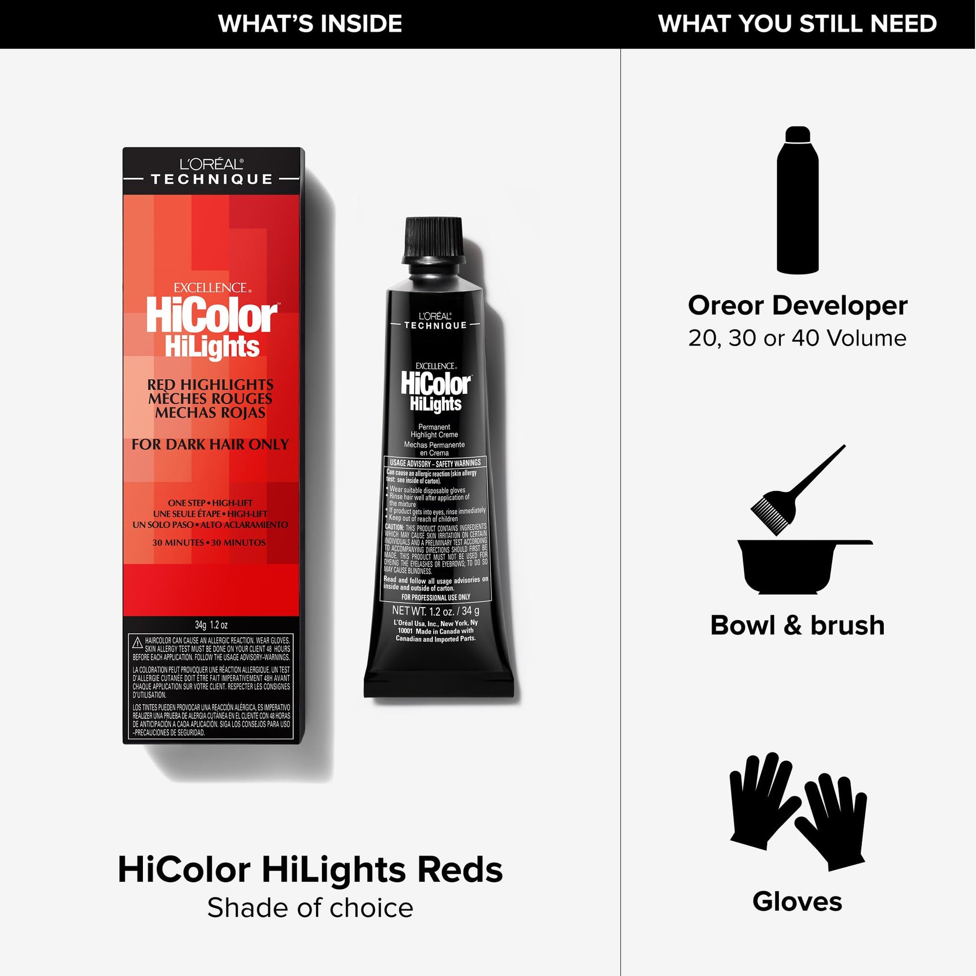 White Smoke L'Oréal Technique HiColor Red HiLights - Permanent Hair Color for Dark Hair, Intense Red Highlights, No Pre-Lightening Required, Rich, No-Drip Crème, Quick Processing Time, Red