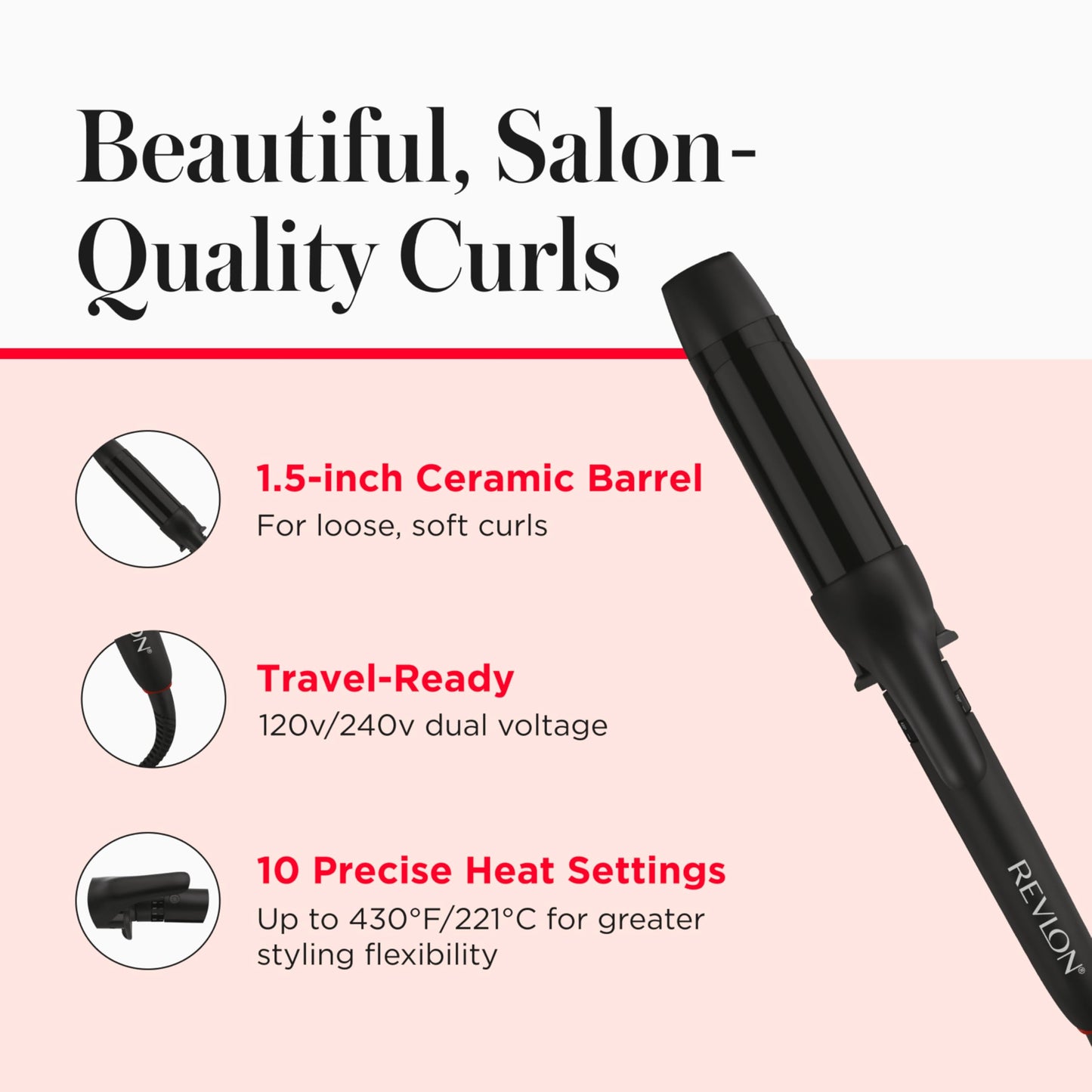 Misty Rose REVLON SmoothStay 1 1/2 Inch Curling Iron, Coconut Oil Infused Ceramic Curling Wand with Tourmaline Ionic Technology, Loose Soft Curls, Enhanced Shine, Reduced Frizz