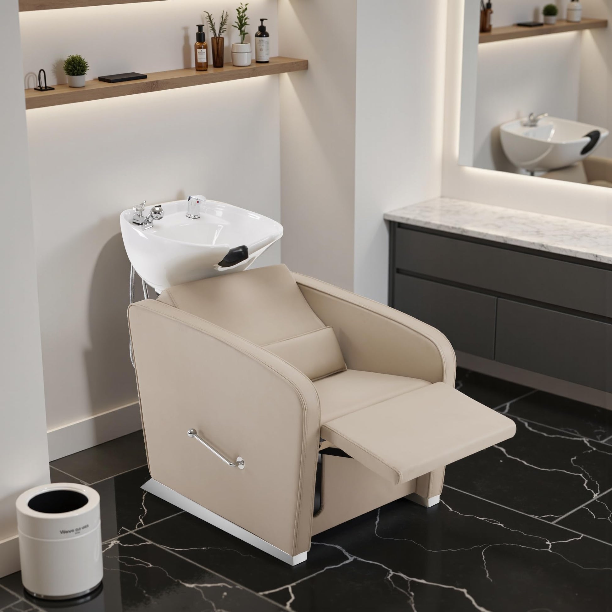 Gray BarberPub Backwash Shampoo Station Chair, Adjustable Porcelain Ceramic Hair Wash Bowl Sink Unit Station, Reclining Shampoo Station Chair for Spa Beauty Salon Hair Salon Equipment 9303 (Beige)