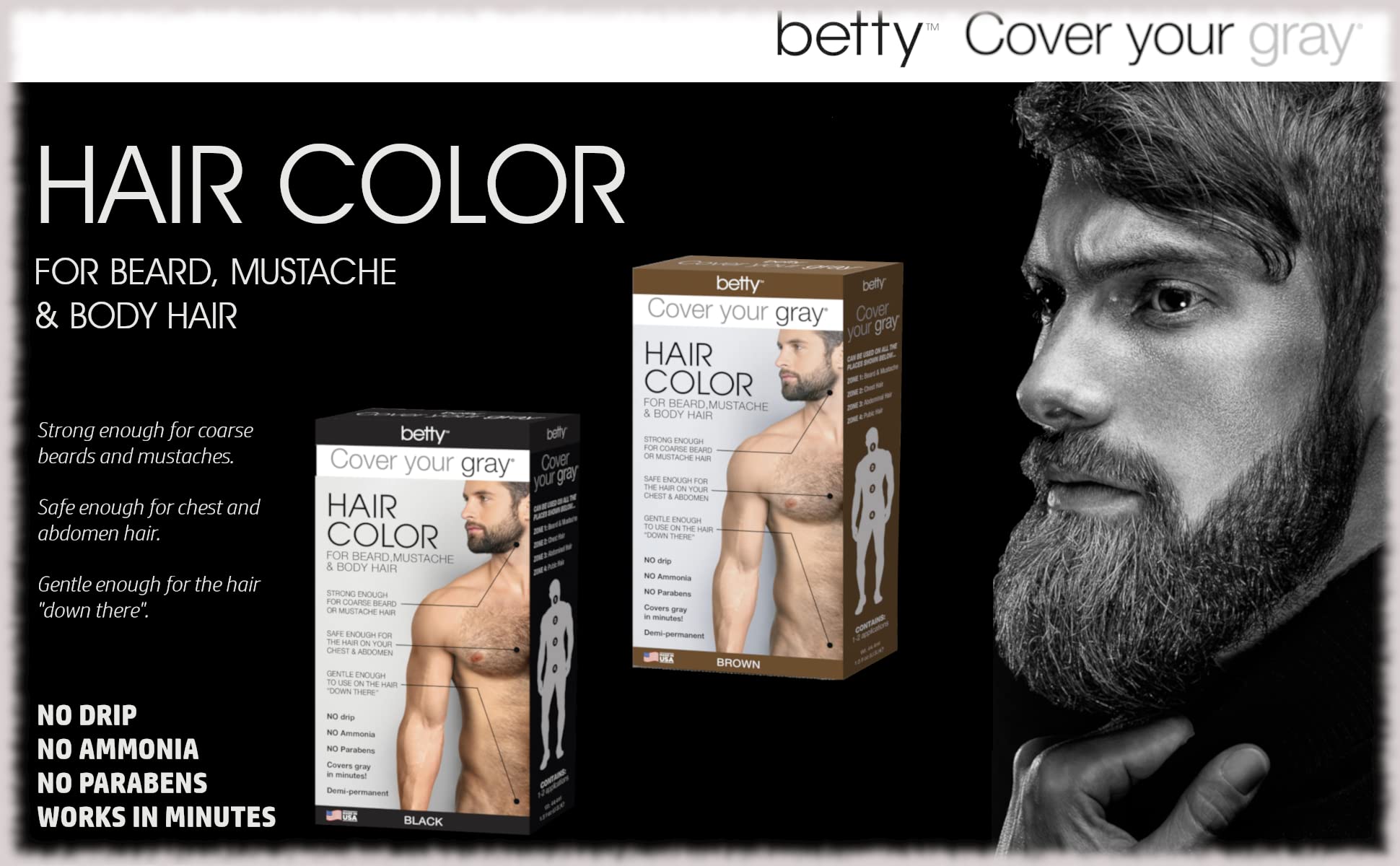 Black Betty Cover Your Gray Mens Hair Color for Beard, Mustache & Body Hair - Brown