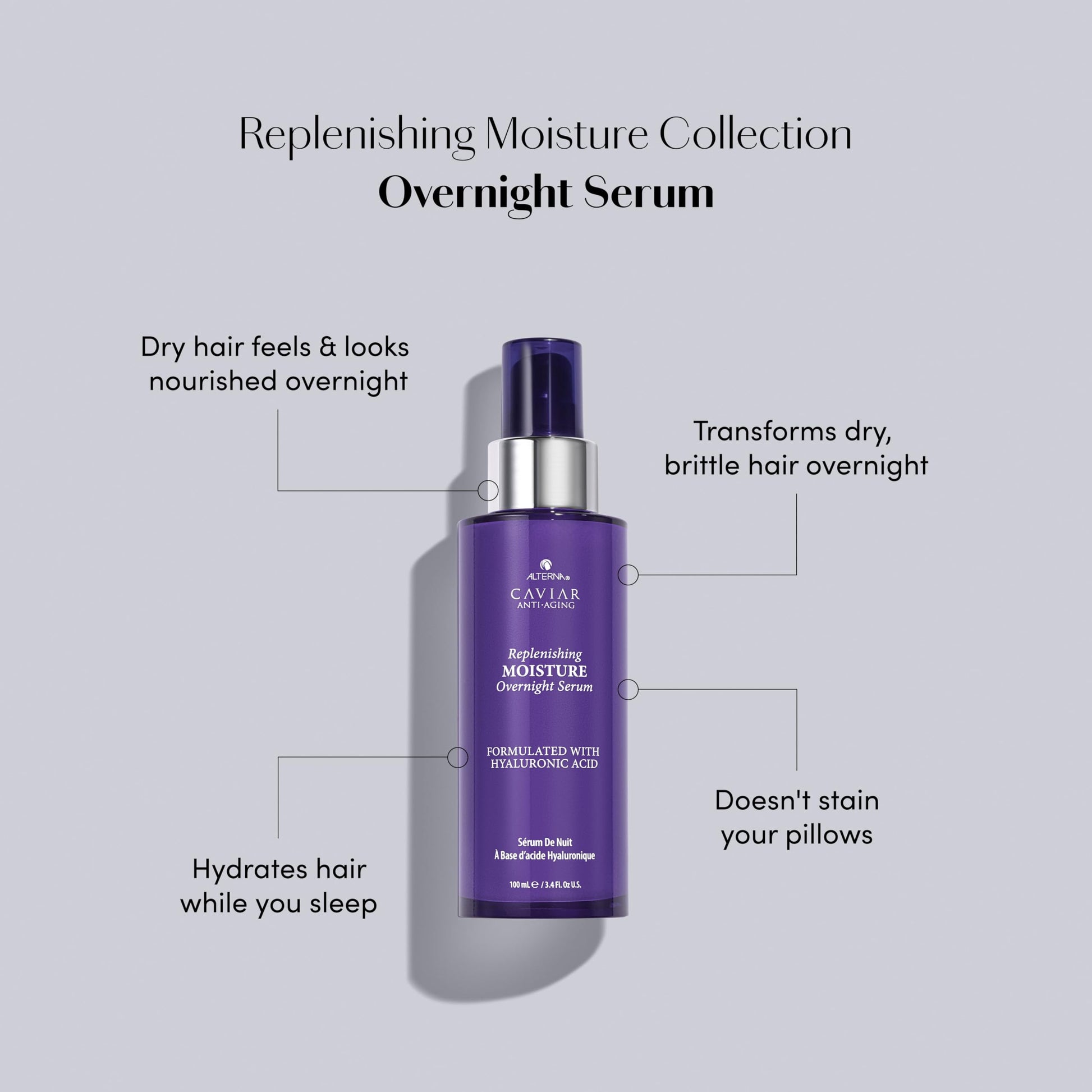 Light Gray Alterna Caviar Anti-Aging Replenishing Moisture Overnight Serum 3.4oz | Leave In Hair Treatments for Dry, Damaged Hair |Nourishes, Restores with Humidity & Heat Protection