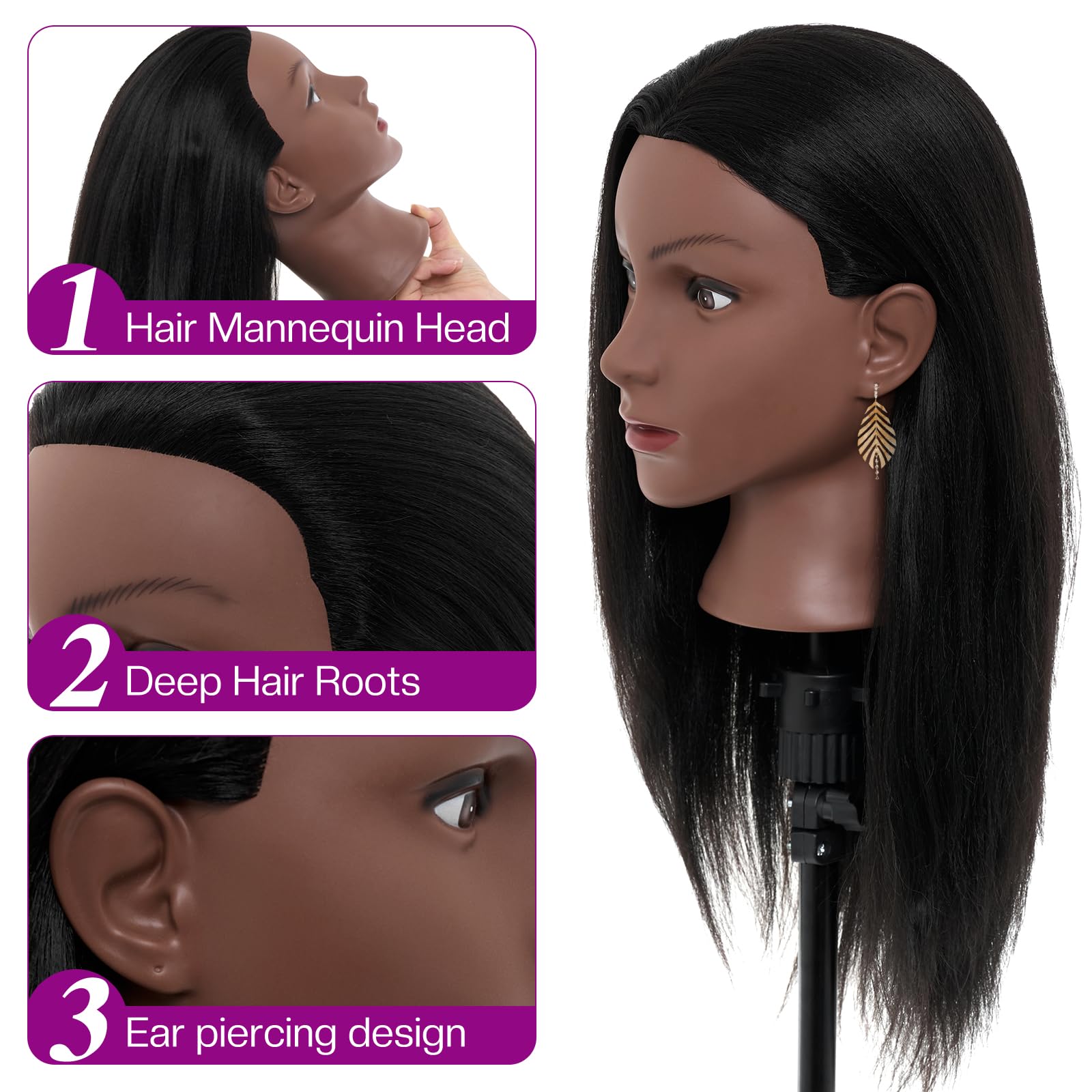 White Smoke 20-22 Inch Mannequin Head Human Hair with Stand,100% Real Human Hair Mannequin Head for Braiding,Cosmetology Manikin Doll Head for Styling with Table Clamp Hair Braiding Set(Brown)
