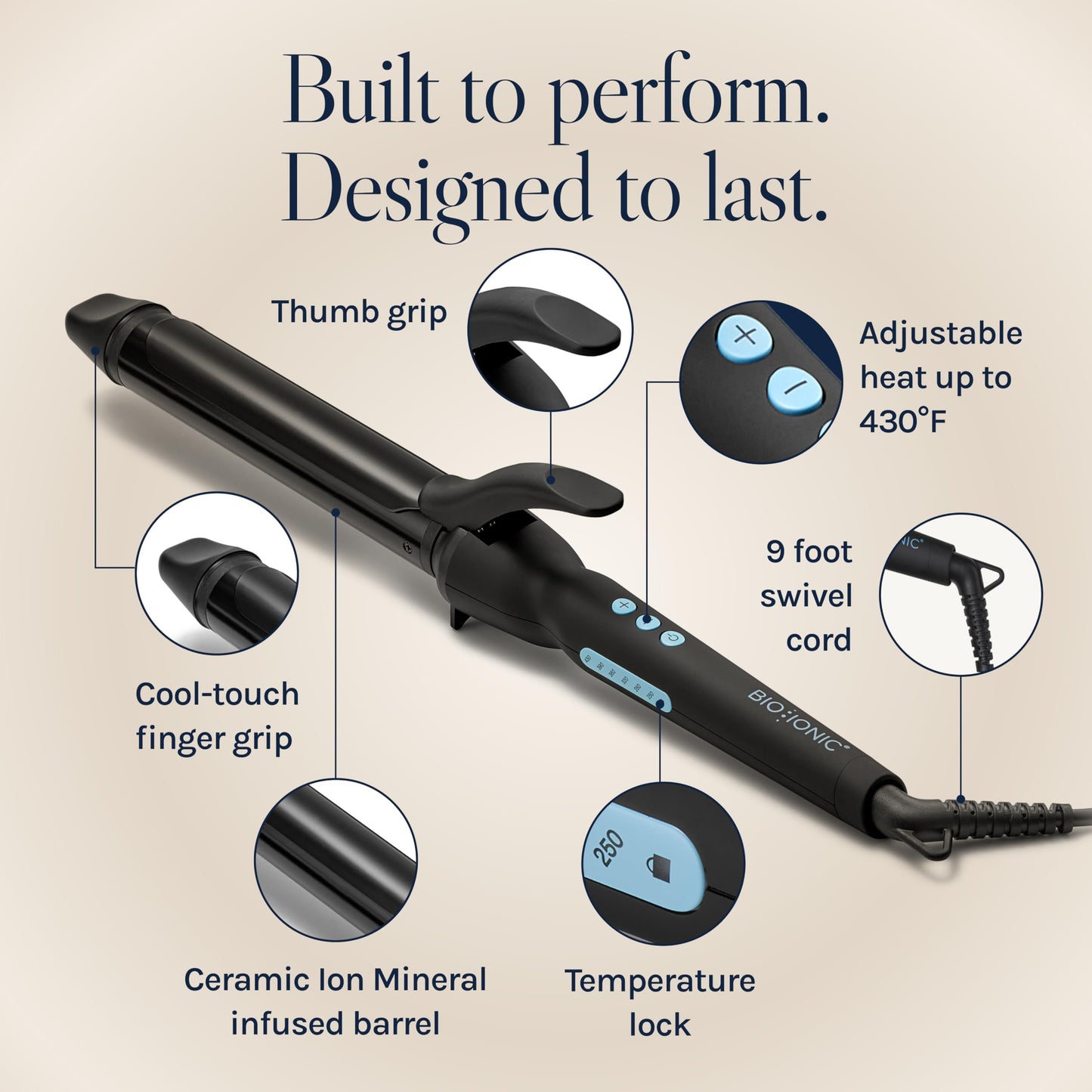 Antique White Bio Ionic Long Barrel Styler, 1.25 inch Extended Curling Iron with Moisture Heat Technology & NanoIonic MX, Versatile Curling Wand with Longer Barrel for Medium Sized Defined Curls