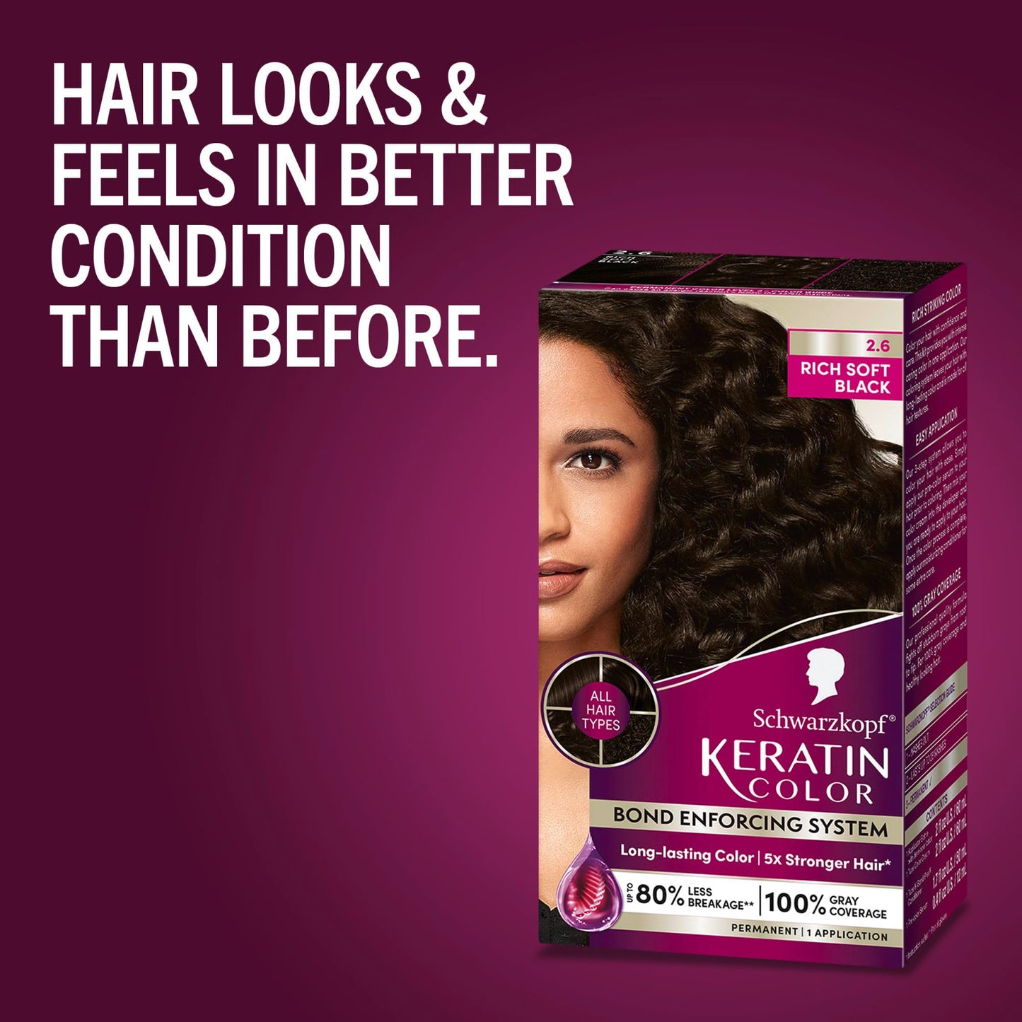 Dark Red Schwarzkopf Keratin Permanent Hair Dye Cream, 2.6 Rich Soft Black, Professional Quality Color for Up to 100% Gray Coverage, Bond Enforcing System