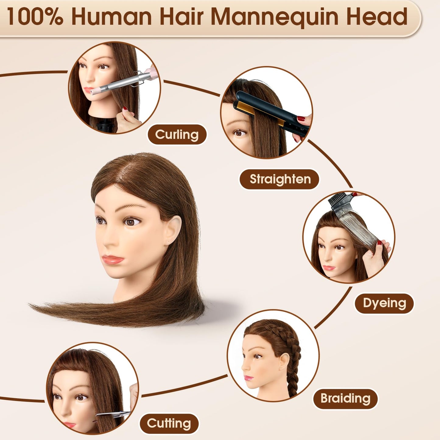Misty Rose 18 Inch 100% Real Human Hair Mannequin Head, Cosmetology Manikin Head Training Doll Head for Hair Styling, Braiding, Curling Practice, with Table Clamp Holder & Complete Styling Tools Kit(Brown)