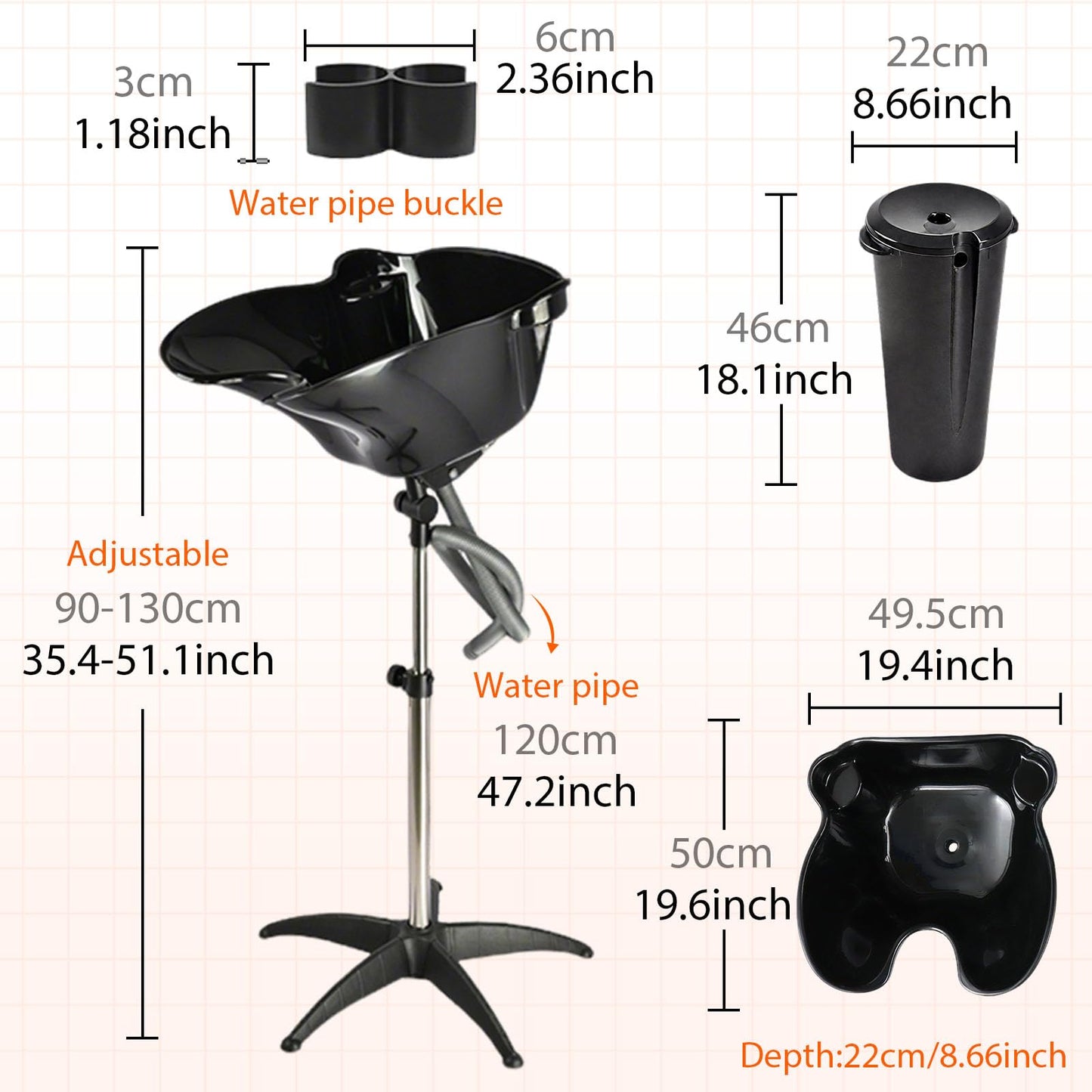 White Smoke HYZSWGC Portable Salon Shampoo Bowl, Height Adjustable Hair Washing Basin with Drain Hose, Black