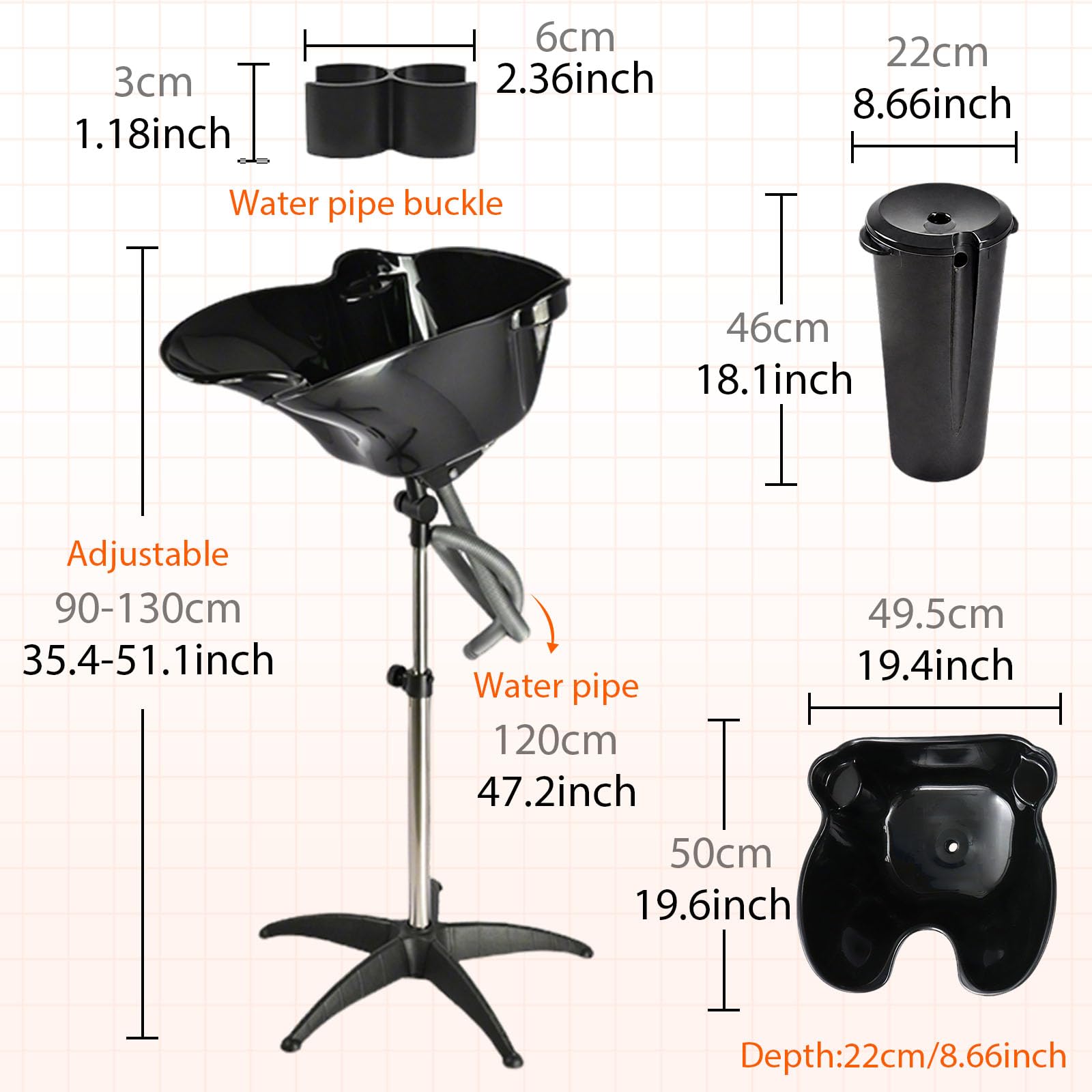 White Smoke HYZSWGC Portable Salon Shampoo Bowl, Height Adjustable Hair Washing Basin with Drain Hose, Black