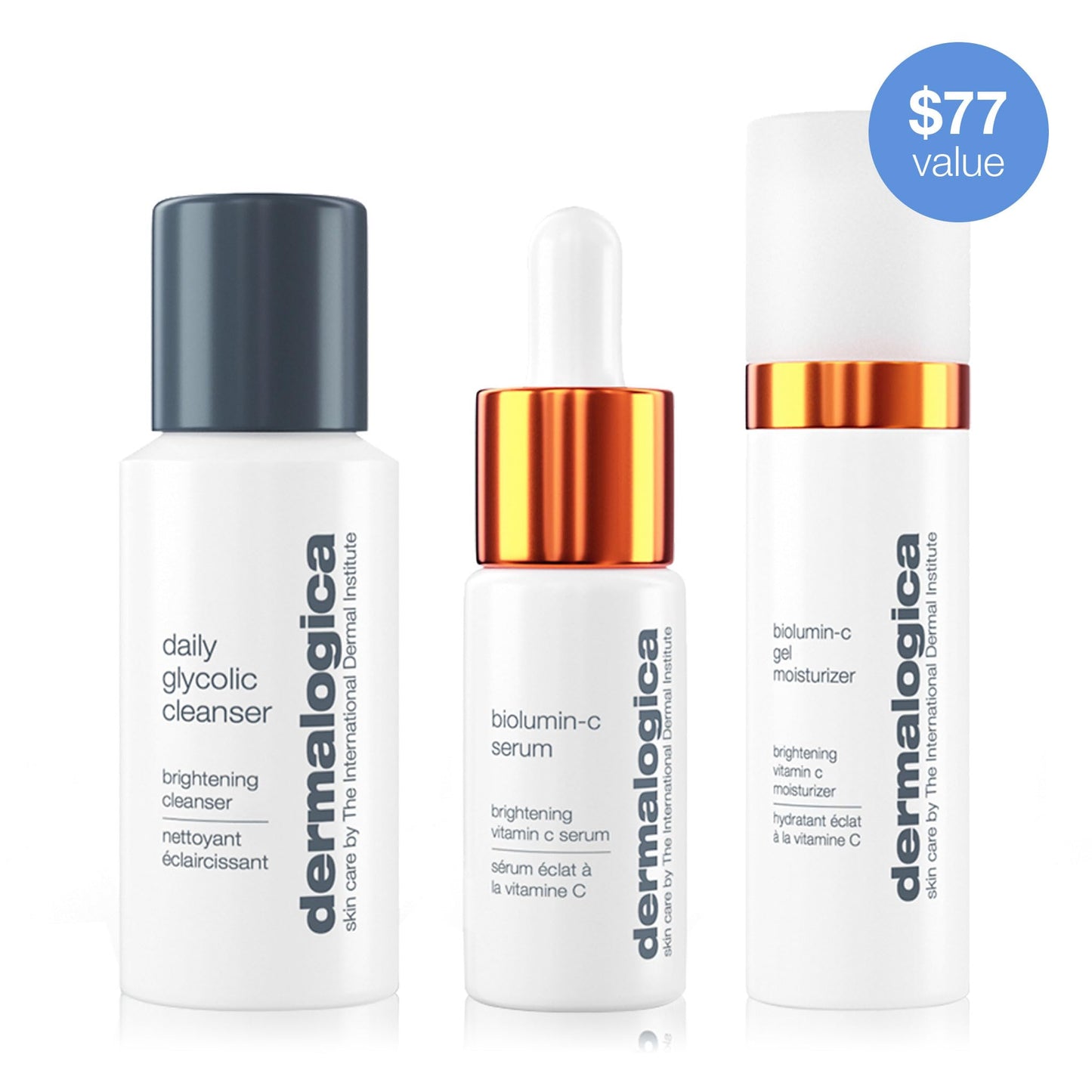 White Smoke Dermalogica Daily Brightness Boosters Facial Skin Care Kit - Contains BioLumin-C Serum (0.3 oz), BioLumin-C Gel Moisturizer (0.5 oz), and Daily Glycolic Cleanser (1 oz)