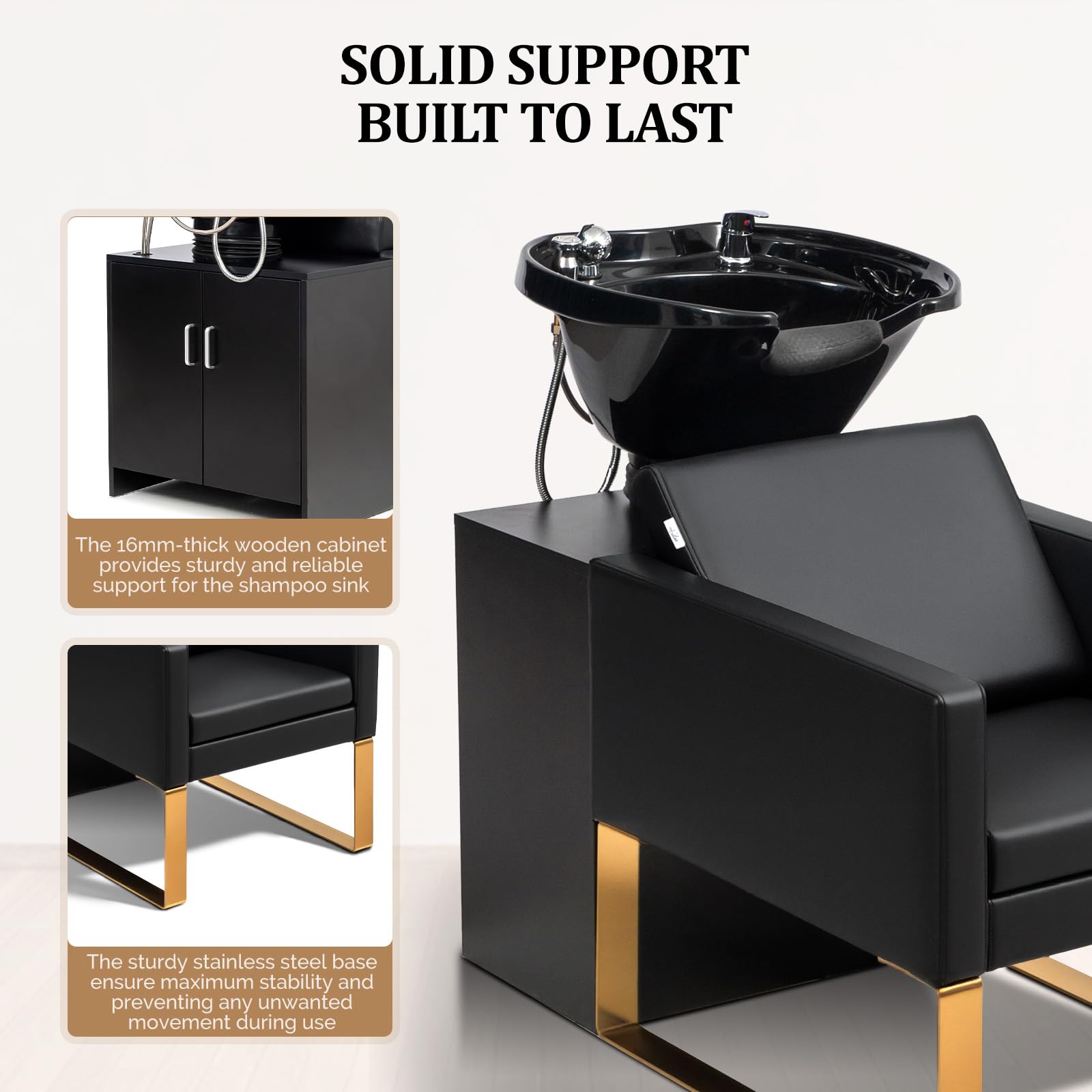 White Smoke OmySalon Shampoo Chairs for Salon, Stainless Steel Frame & UPC Certified Shampoo Bowl, Hair Washing Station, Backwash Unit for Beauty Spa Barbershop, Black and Gold