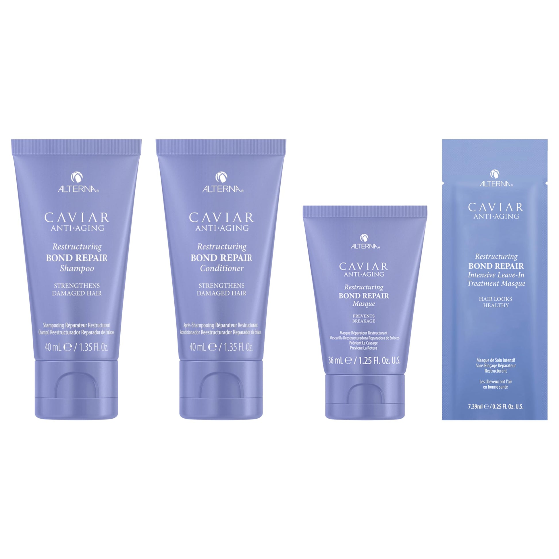 White Smoke Alterna Haircare CAVIAR Anti-Aging Restructuring Bond Repair Travel Kit - Shampoo, Conditioner, Masque | Strengthens and Protects Damaged Hair