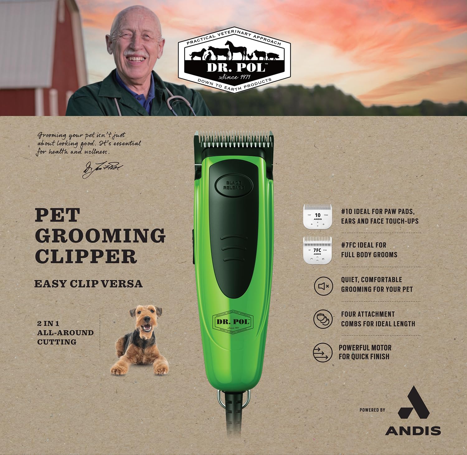 Rosy Brown Andis Dr. Pol Easy Clip Versa Clipper Kit - Complete Grooming Solution with Detachable Blades, Attachment Combs, Nail Clipper & More for Safe, Efficient Grooming of All Dog Types, Green, 561121