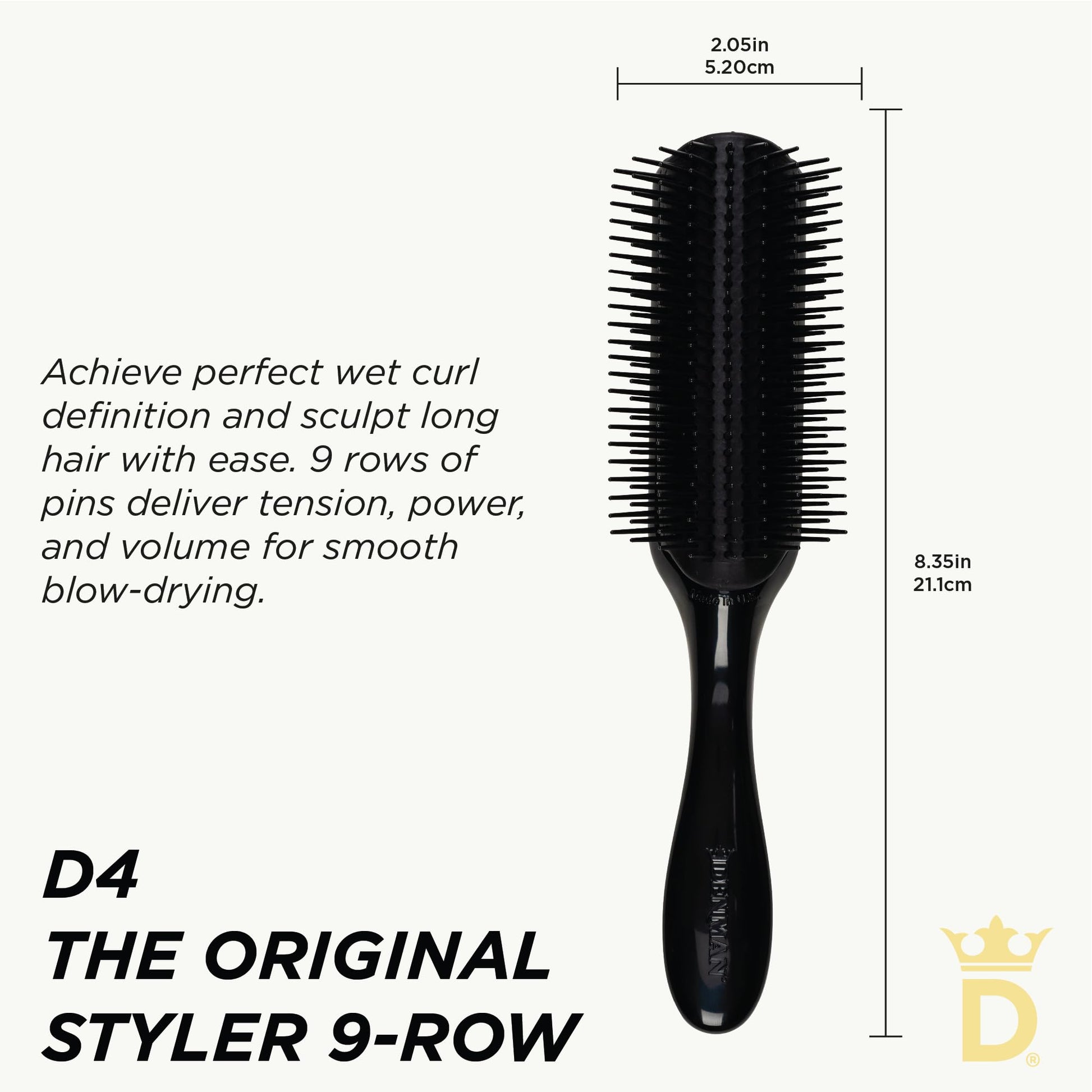 White Smoke Denman Curly Hair Brush D4 (All Black) 9 Row Styling Brush for Styling, Smoothing Longer Hair and Defining Curls - For Women and Men